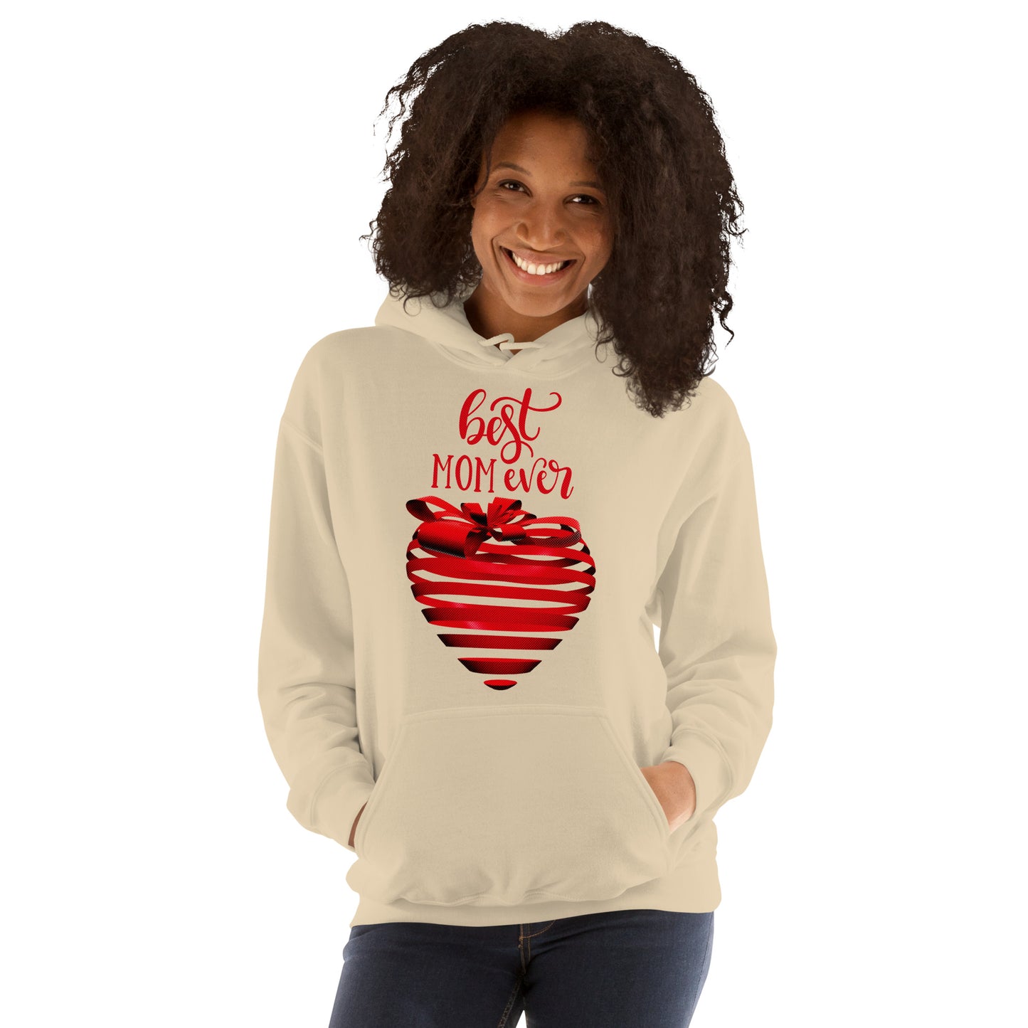 Women with sand hoodie with red text best MOM Ever and red heart
