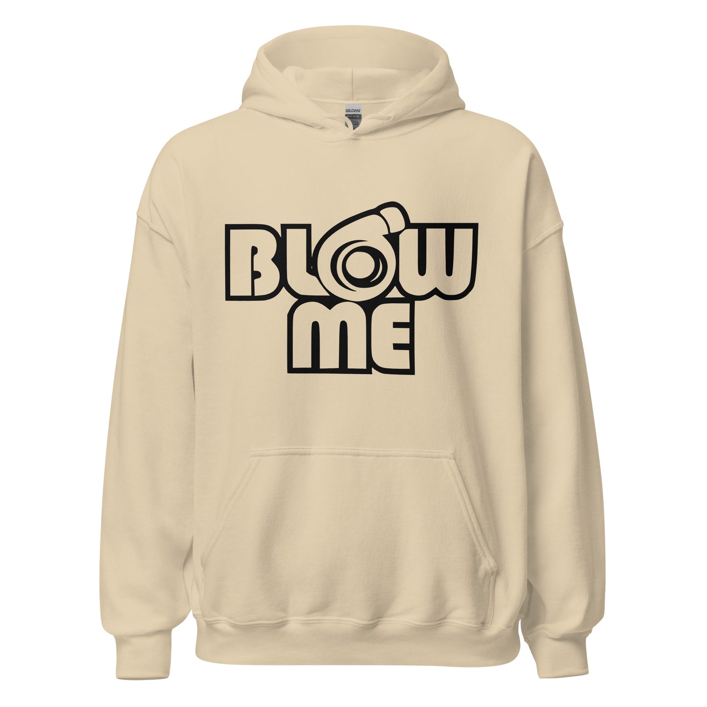 Sand hoodie for men and women with the text Blow me, turbo compressor