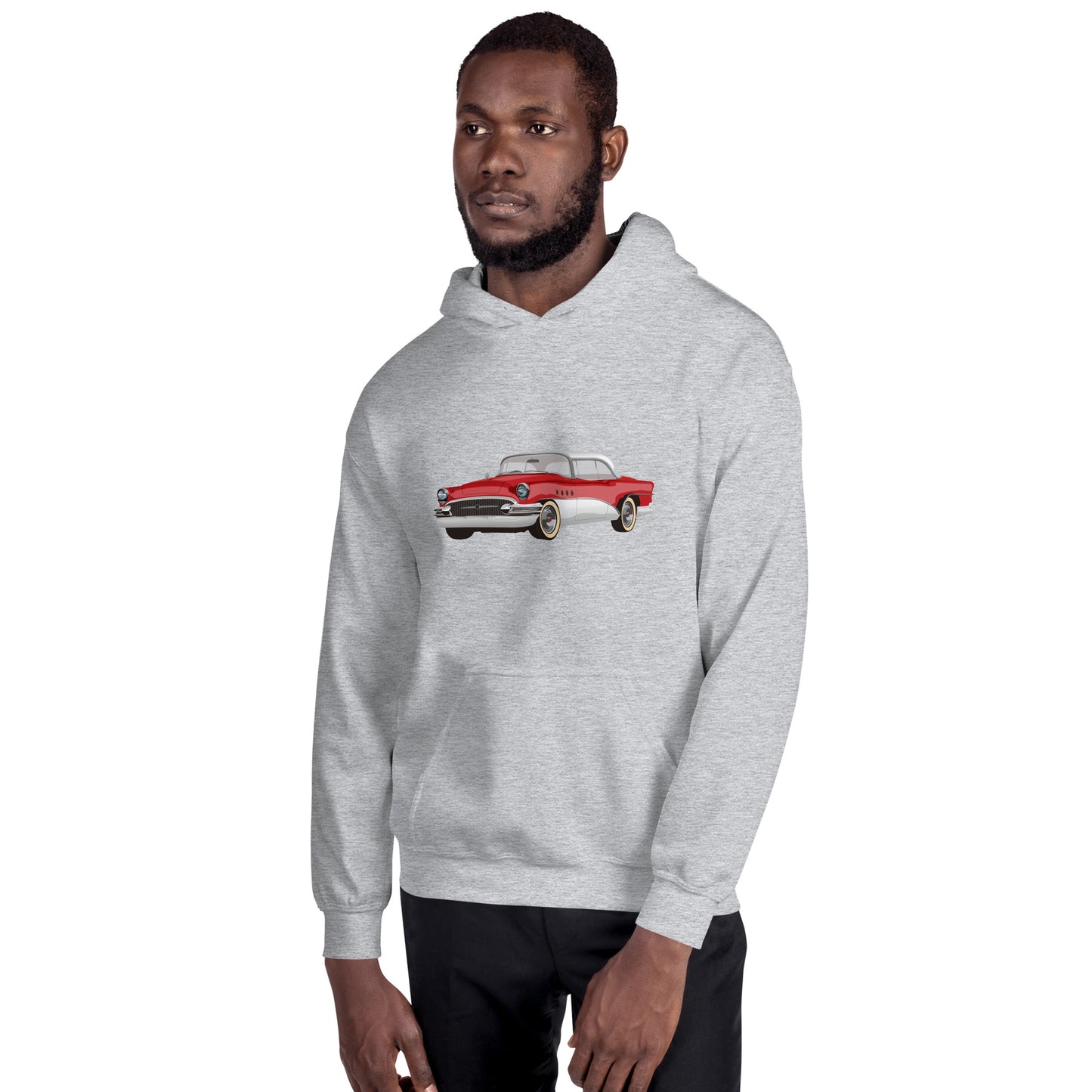 Men with grey hoodie with red Chevrolet
