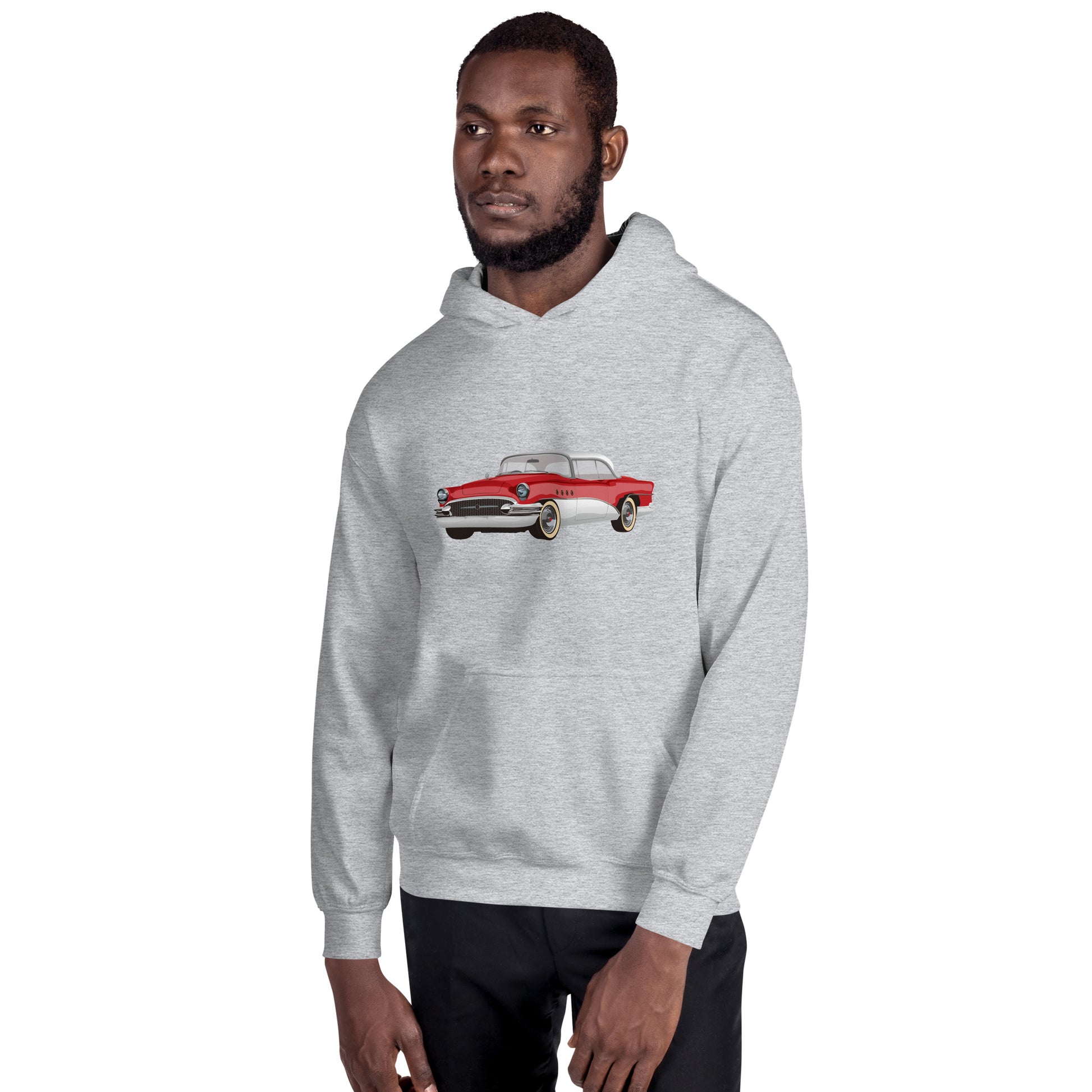 Men with grey  hoodie with red Chevrolet 