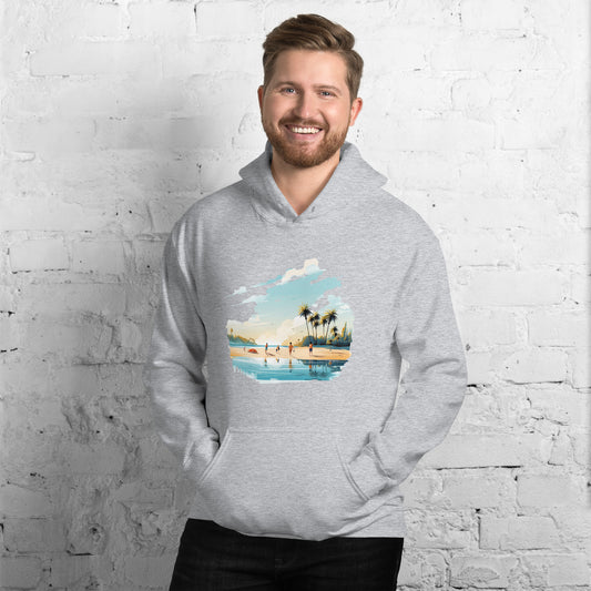 Men with sport grey hoodie and a picture of a island with sea and sand