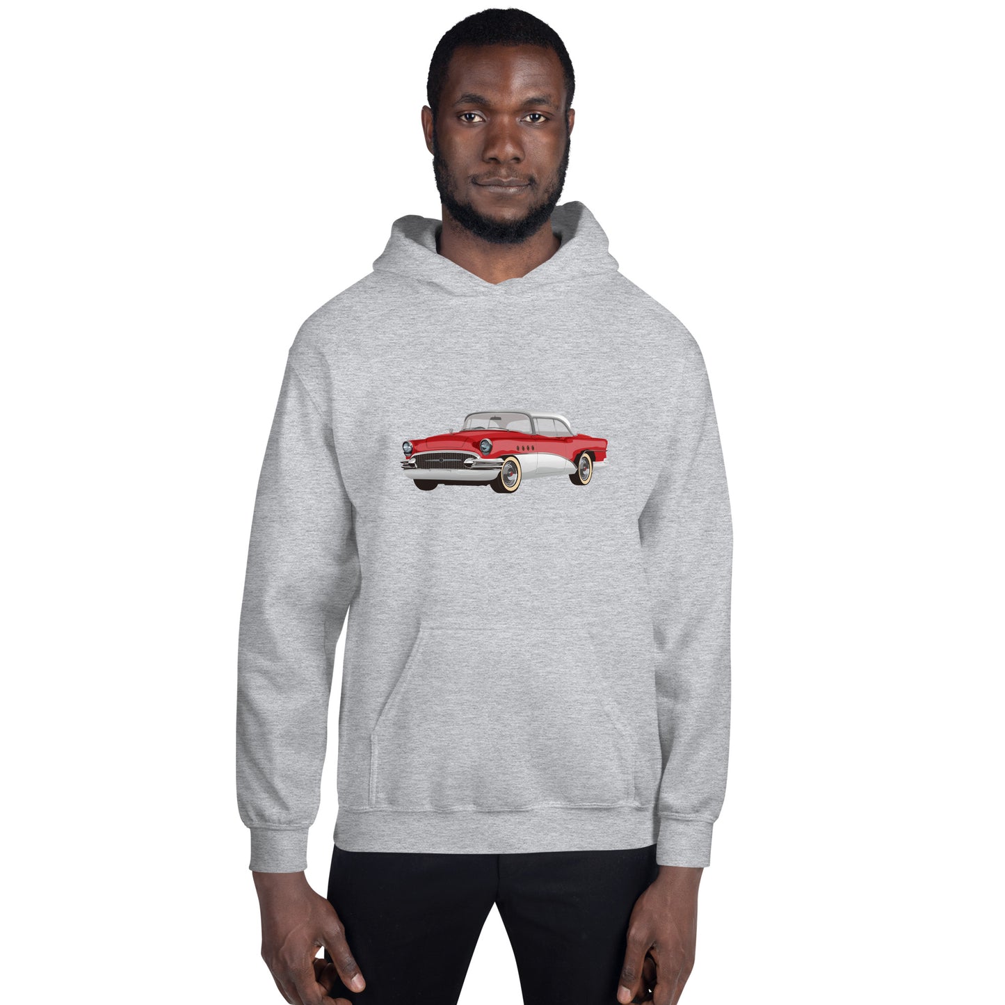 Men with grey hoodie with red Chevrolet