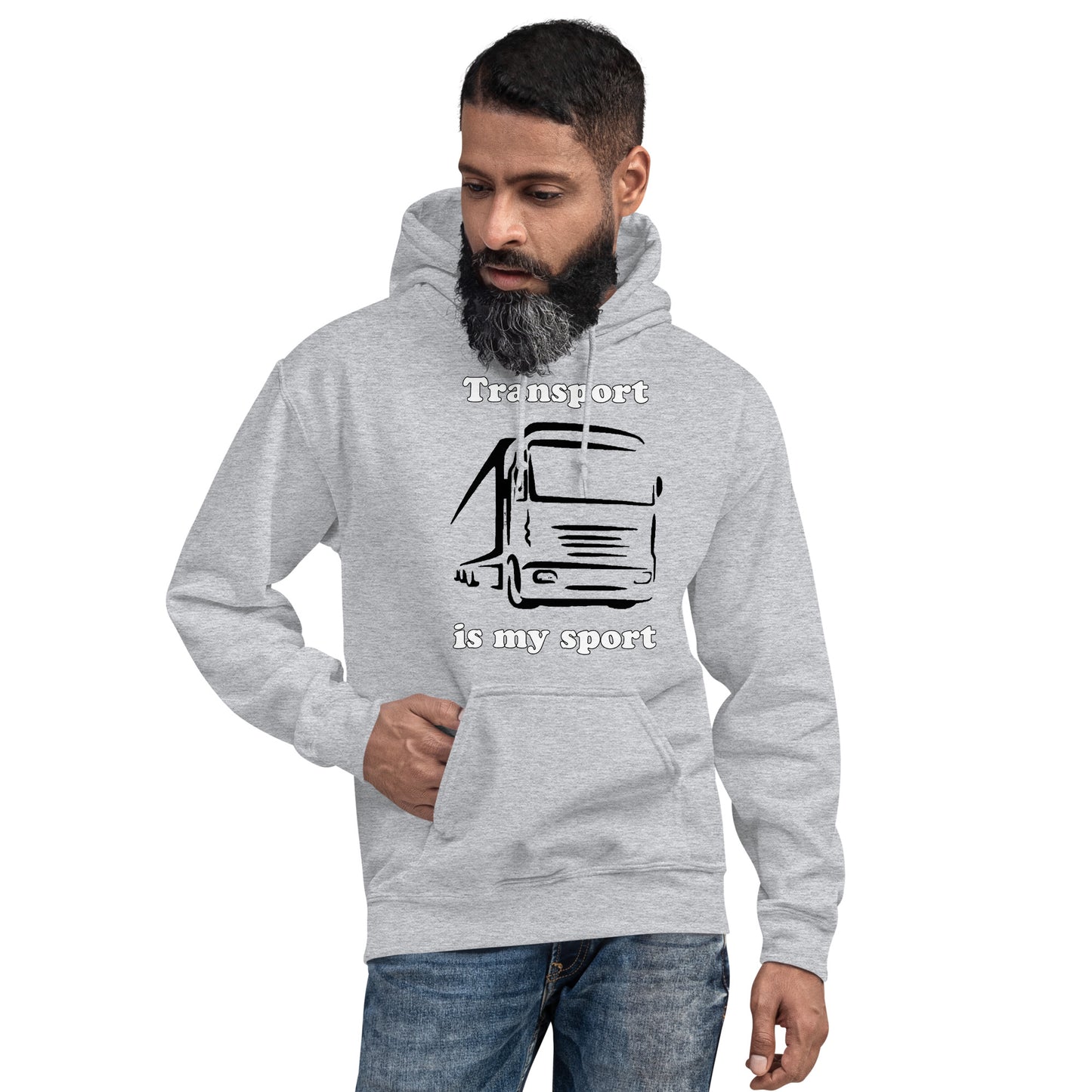 Man with grey hoodie with picture of truck and text "Transport is my sport"