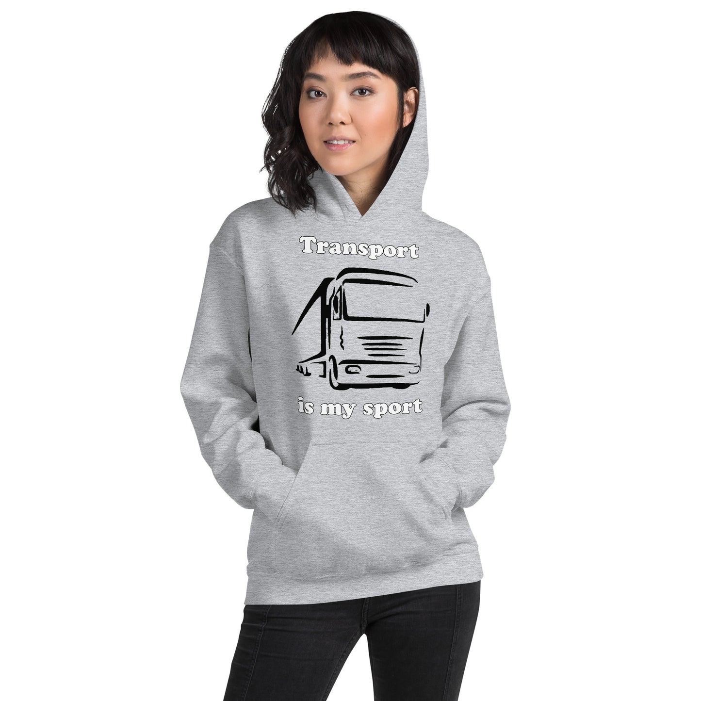 Woman with grey hoodie with picture of truck and text "Transport is my sport"