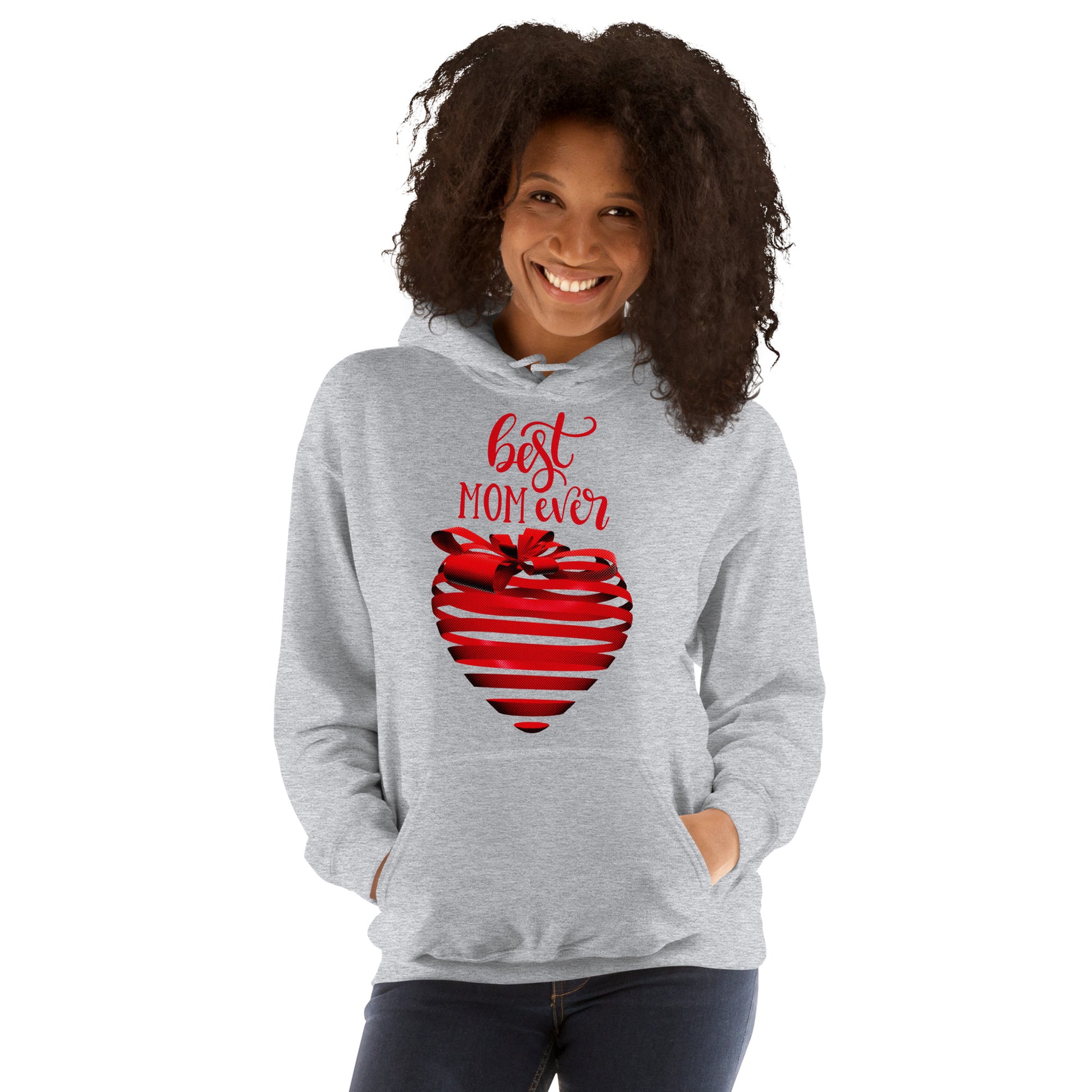 Women with sport grey hoodie with red text best MOM Ever and red heart