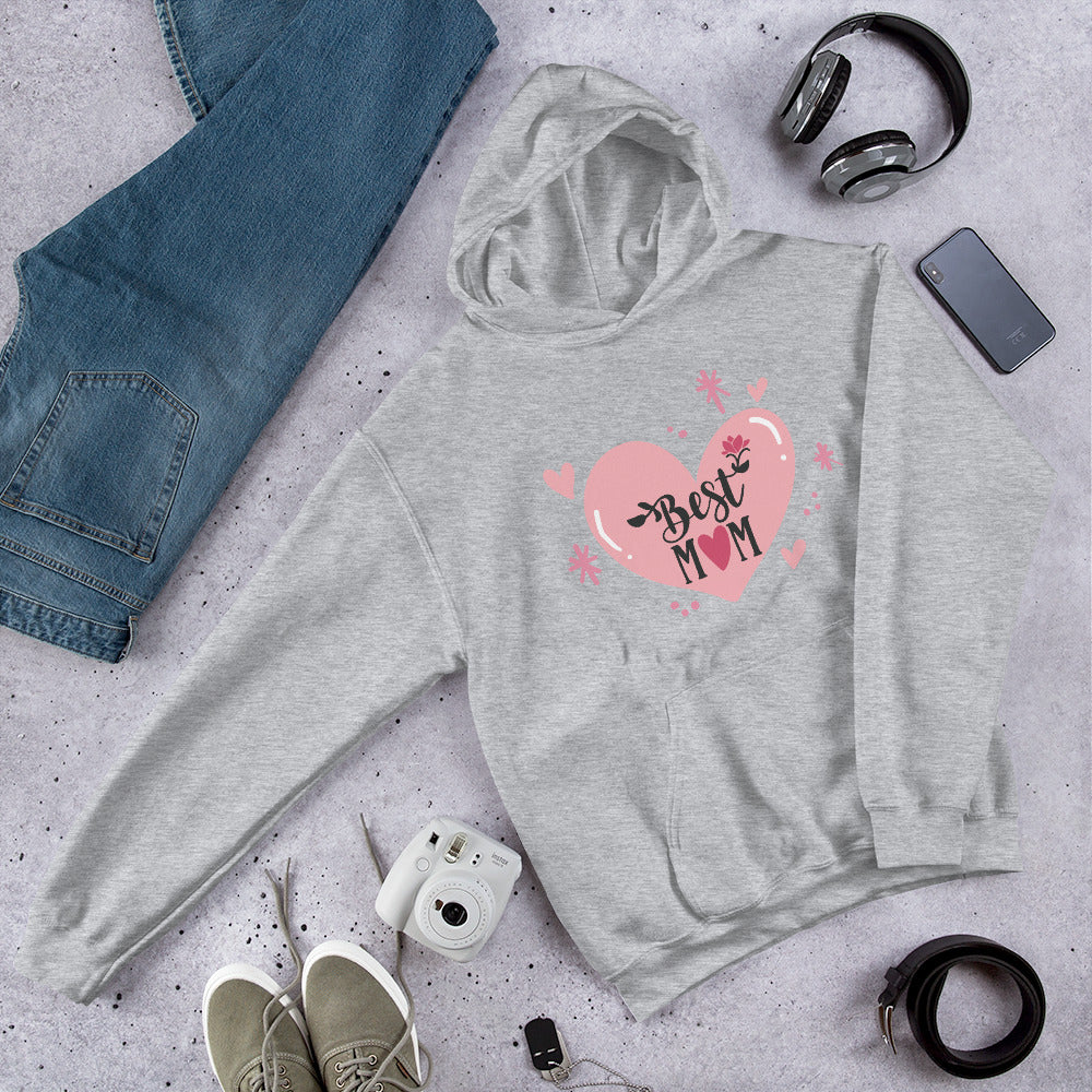 grey hoodie with hart and text best MOM