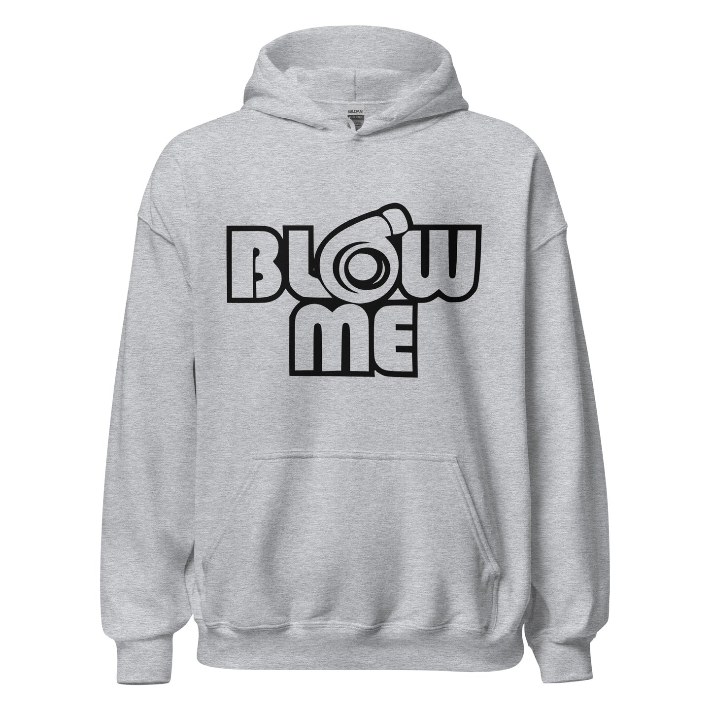 Sport grey hoodie for men and women with the text Blow me, turbo compressor