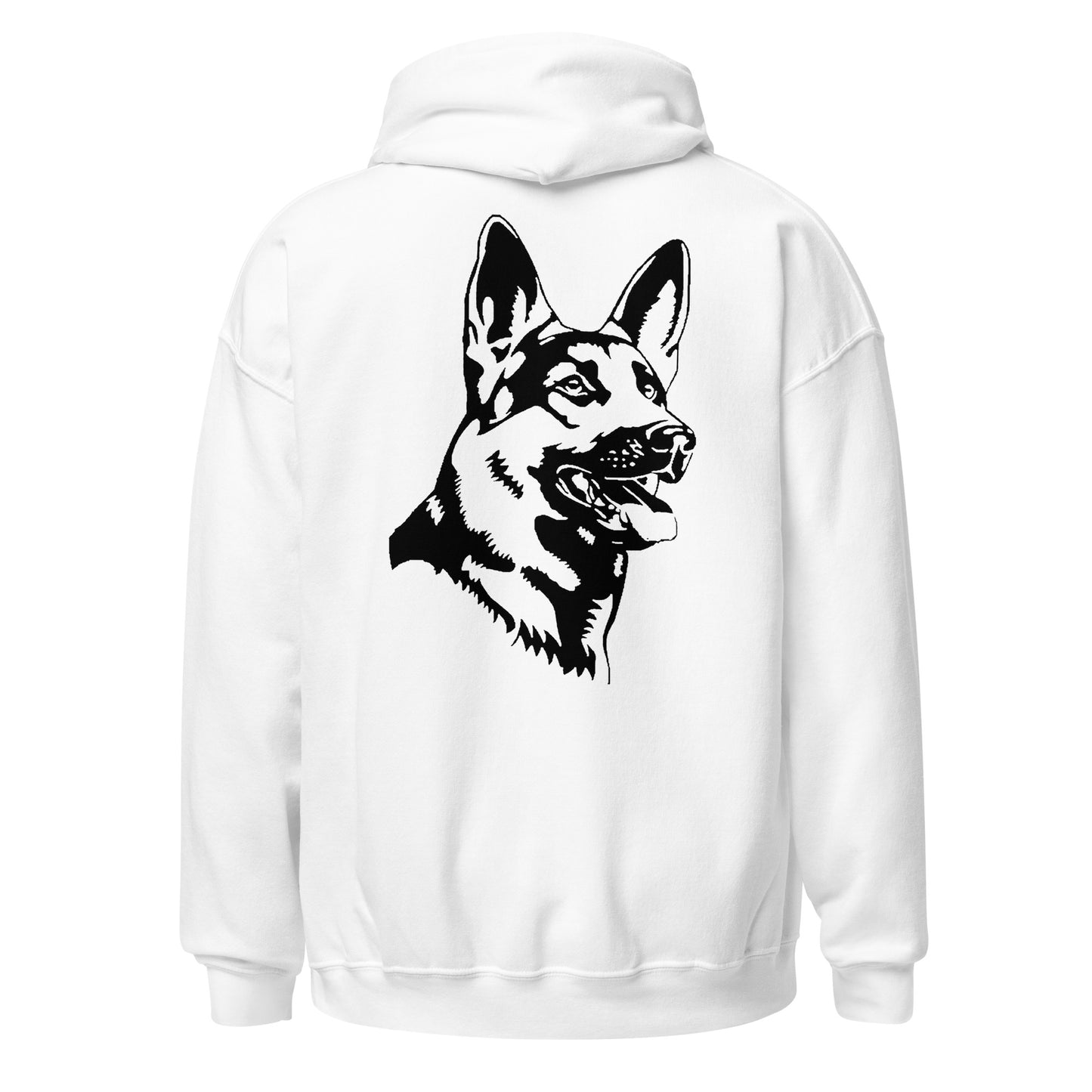 white hoodie with German shepherd