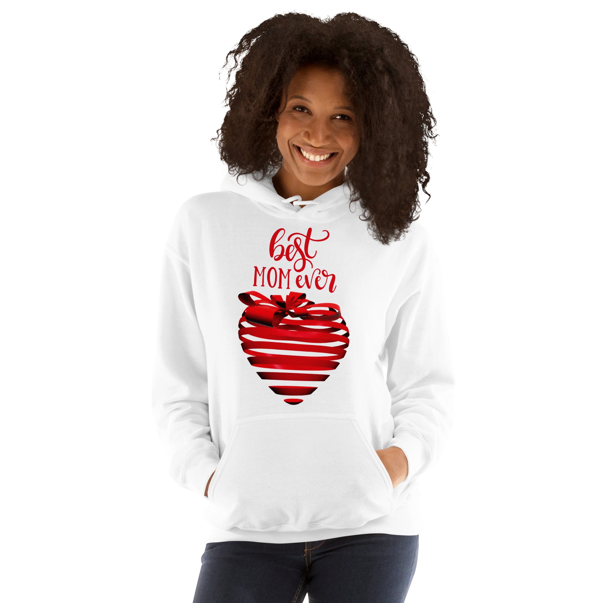 Women with white hoodie with red text best MOM Ever and red heart