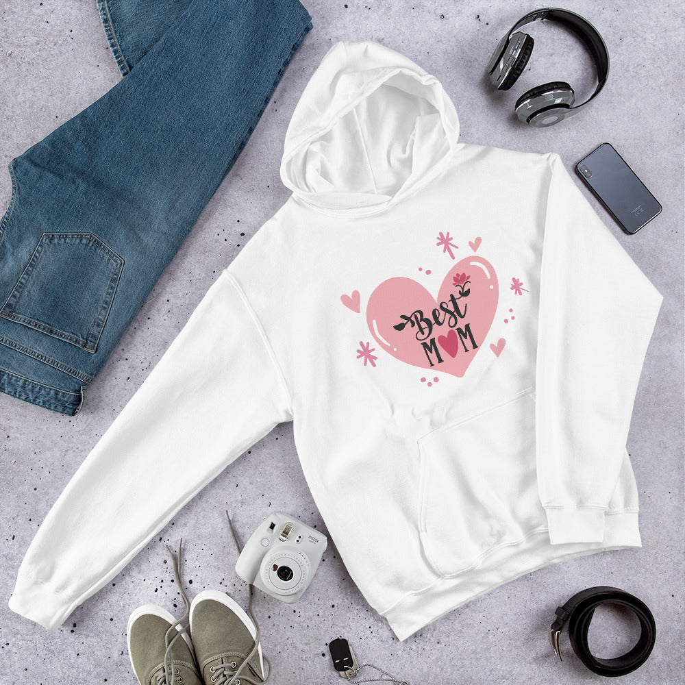 white hoodie with hart and text best MOM