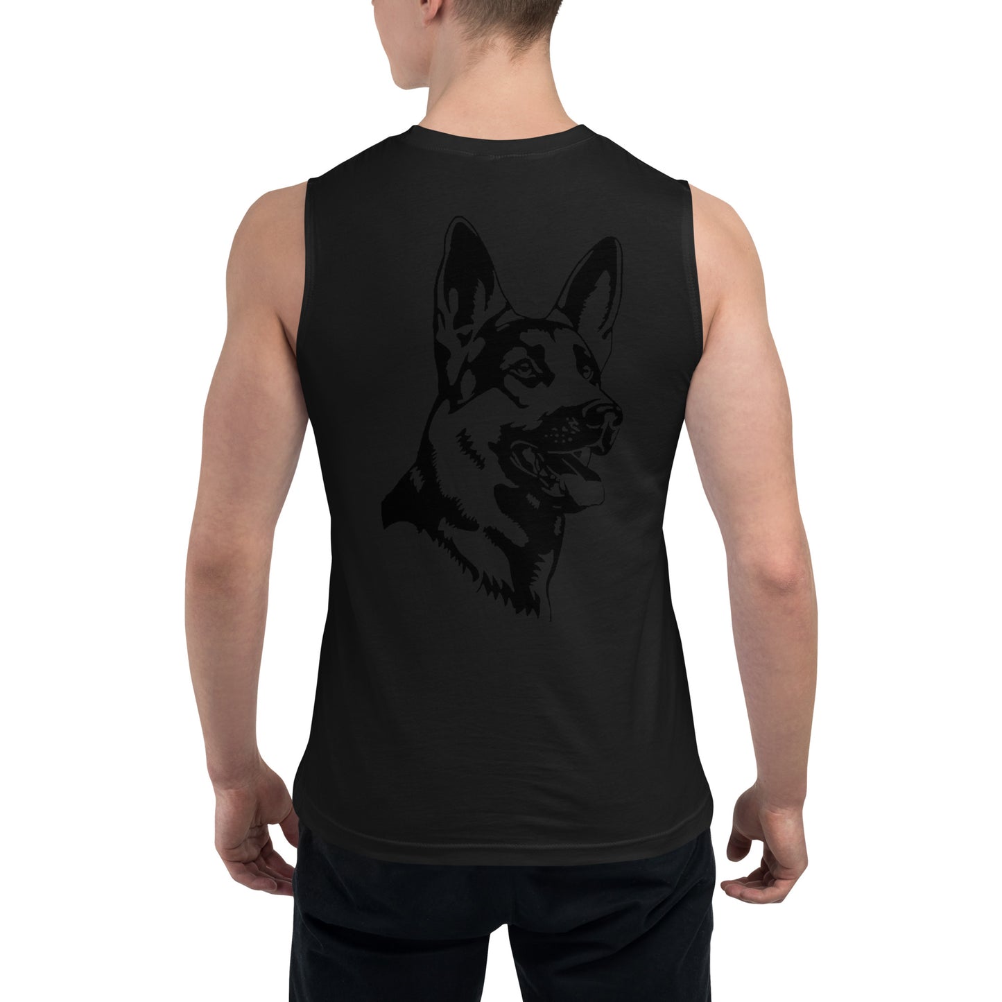 Men with black muscle shirt with German shepherd