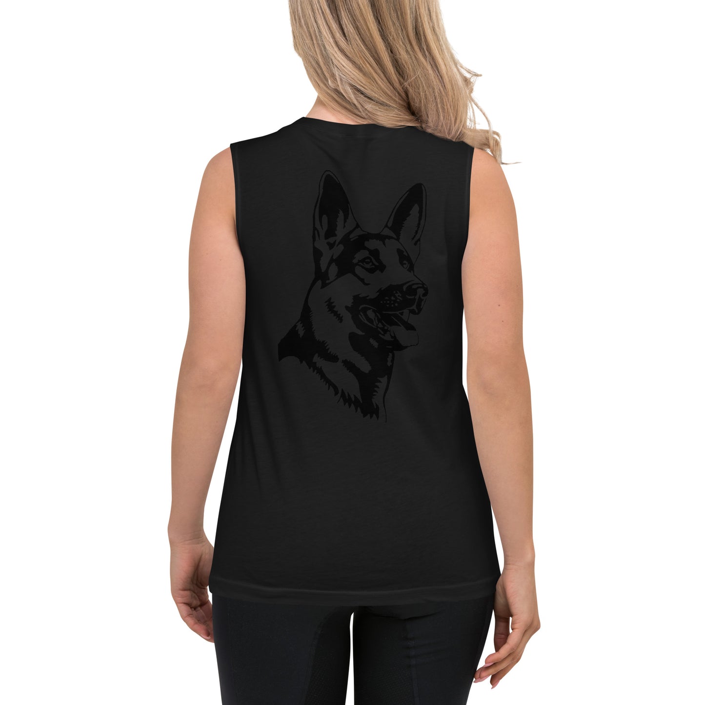Women with black muscle shirt with German shepherd