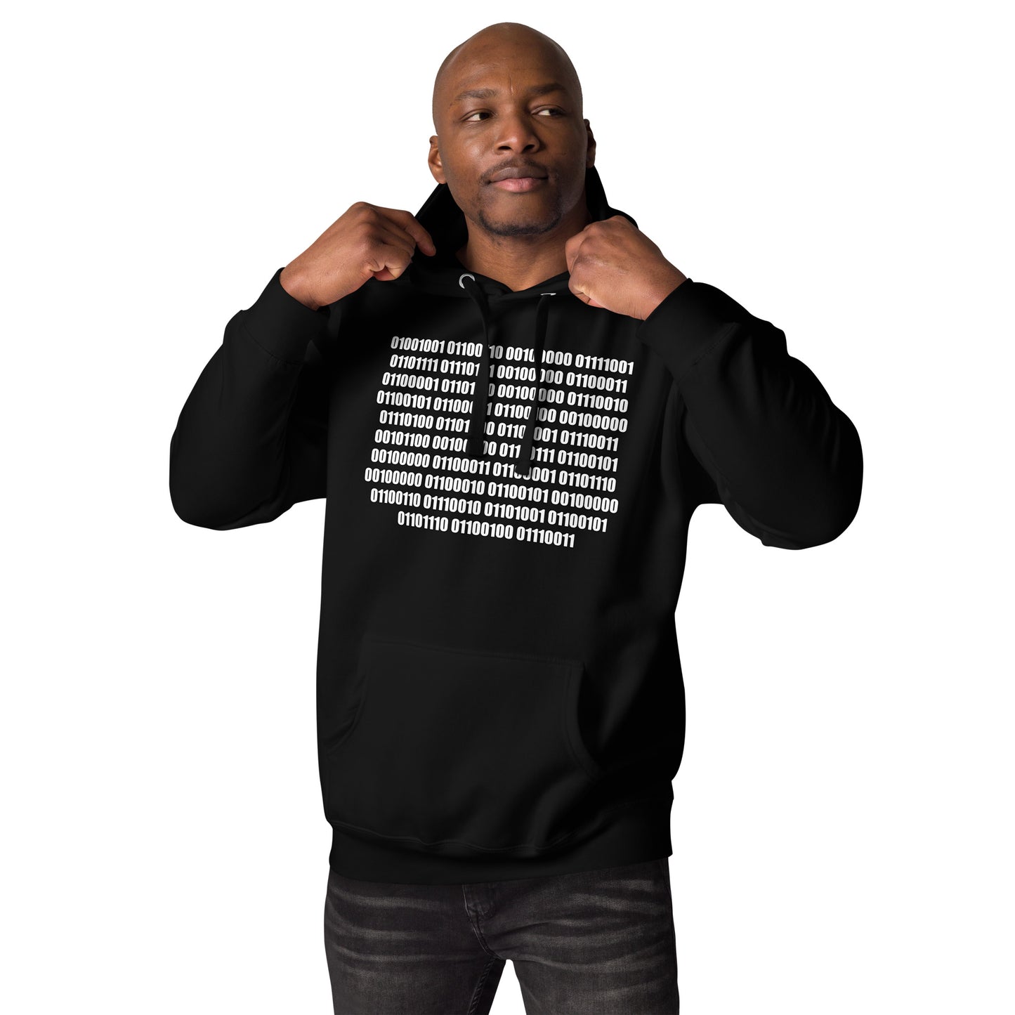 Men with black hoodie with binaire text "If you can read this"