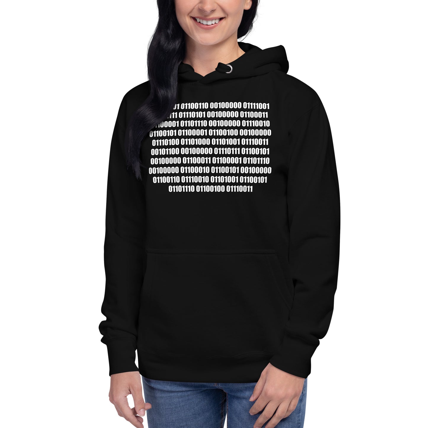 Women with Black hoodie with binaire text "If you can read this"