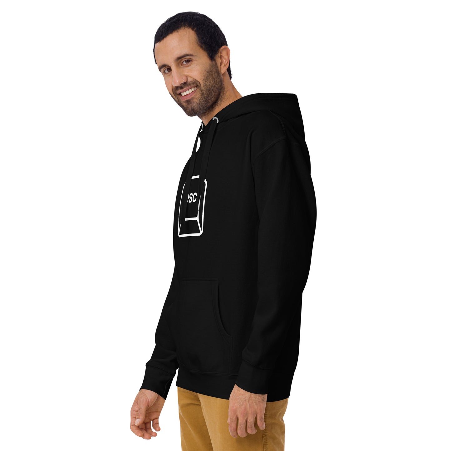 Men with black hoodie with picture of a esc key