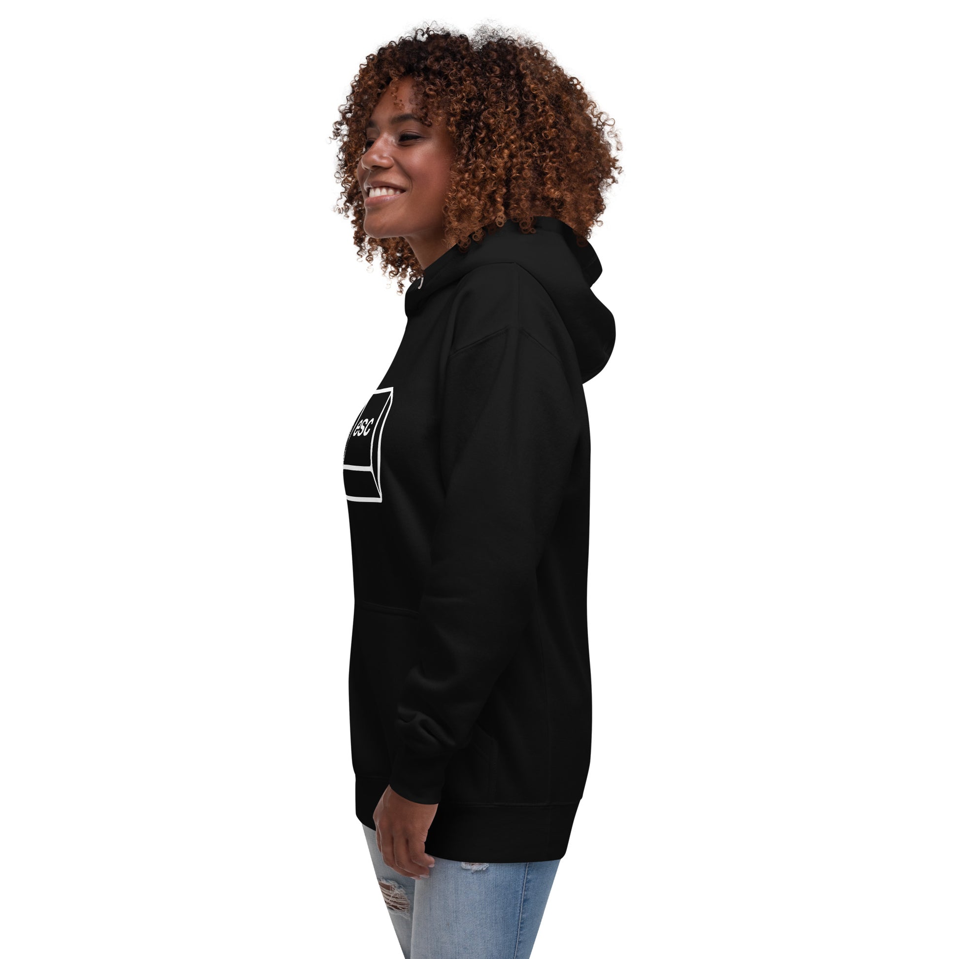 Women with black hoodie with picture of a esc key