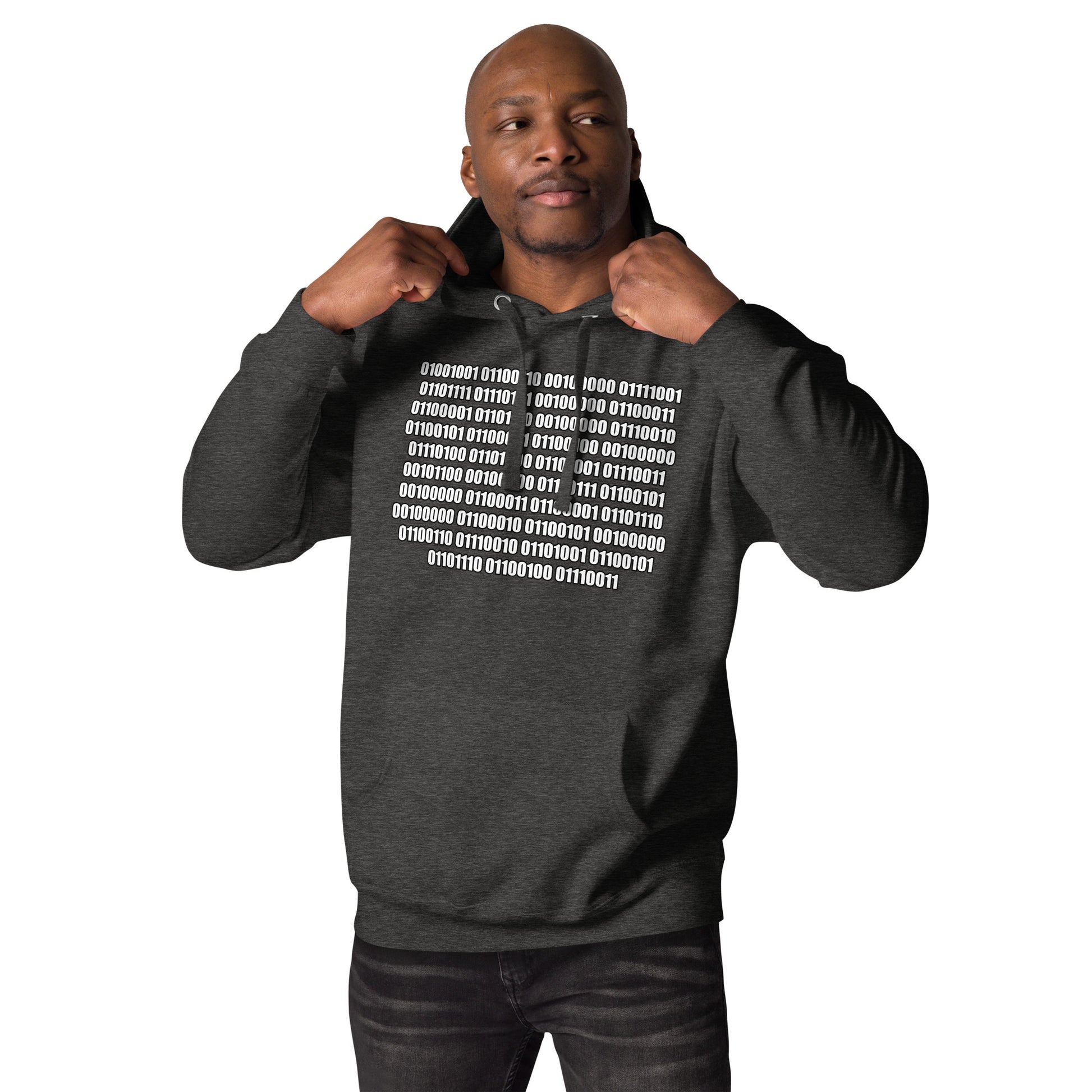 Men with charcoal hoodie with binaire text "If you can read this"
