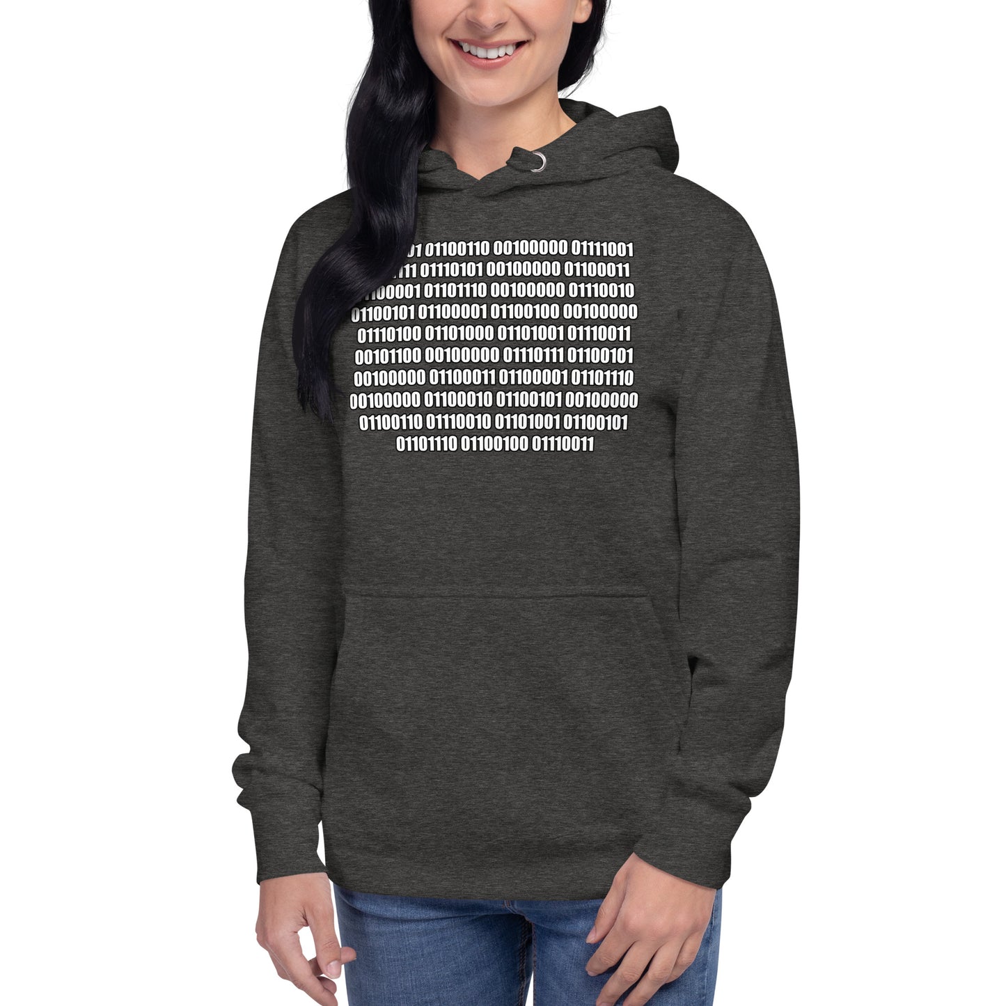 Women with charcoal hoodie with binaire text "If you can read this"