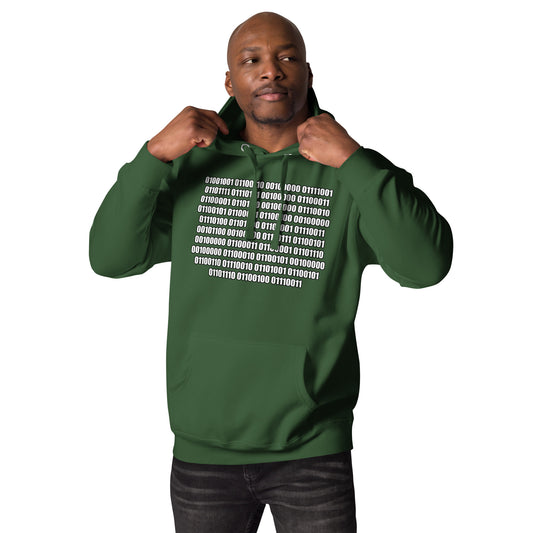 Men with forest green hoodie with binaire text "If you can read this"