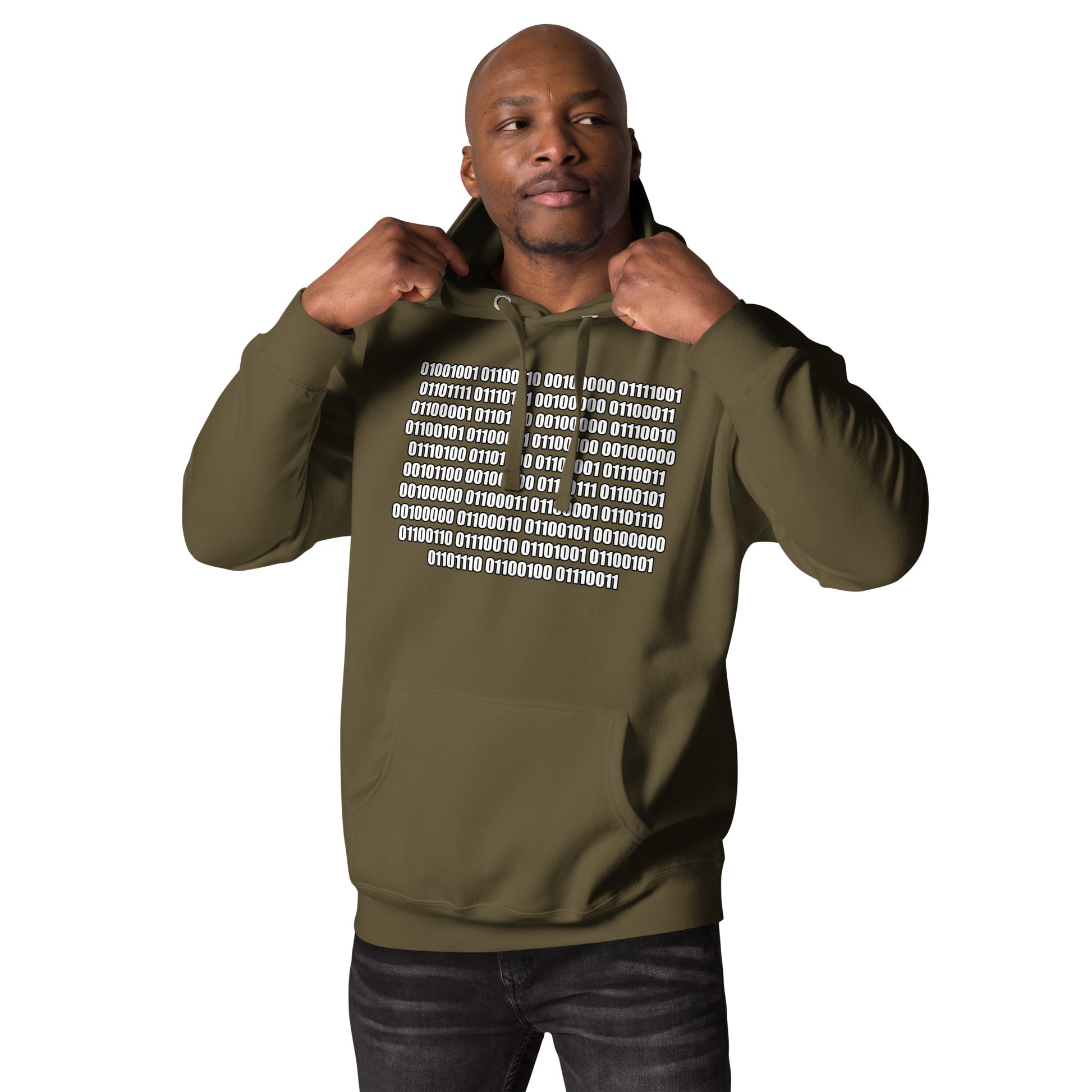 Men with military green hoodie with binaire text "If you can read this"