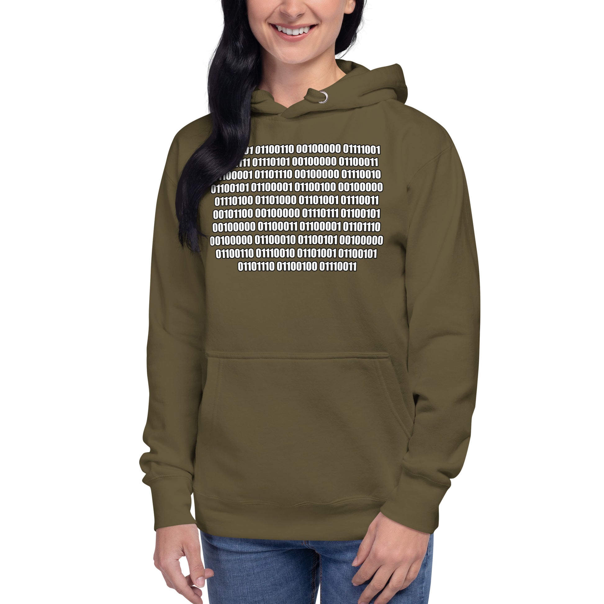 Women with military green hoodie with binaire text "If you can read this"