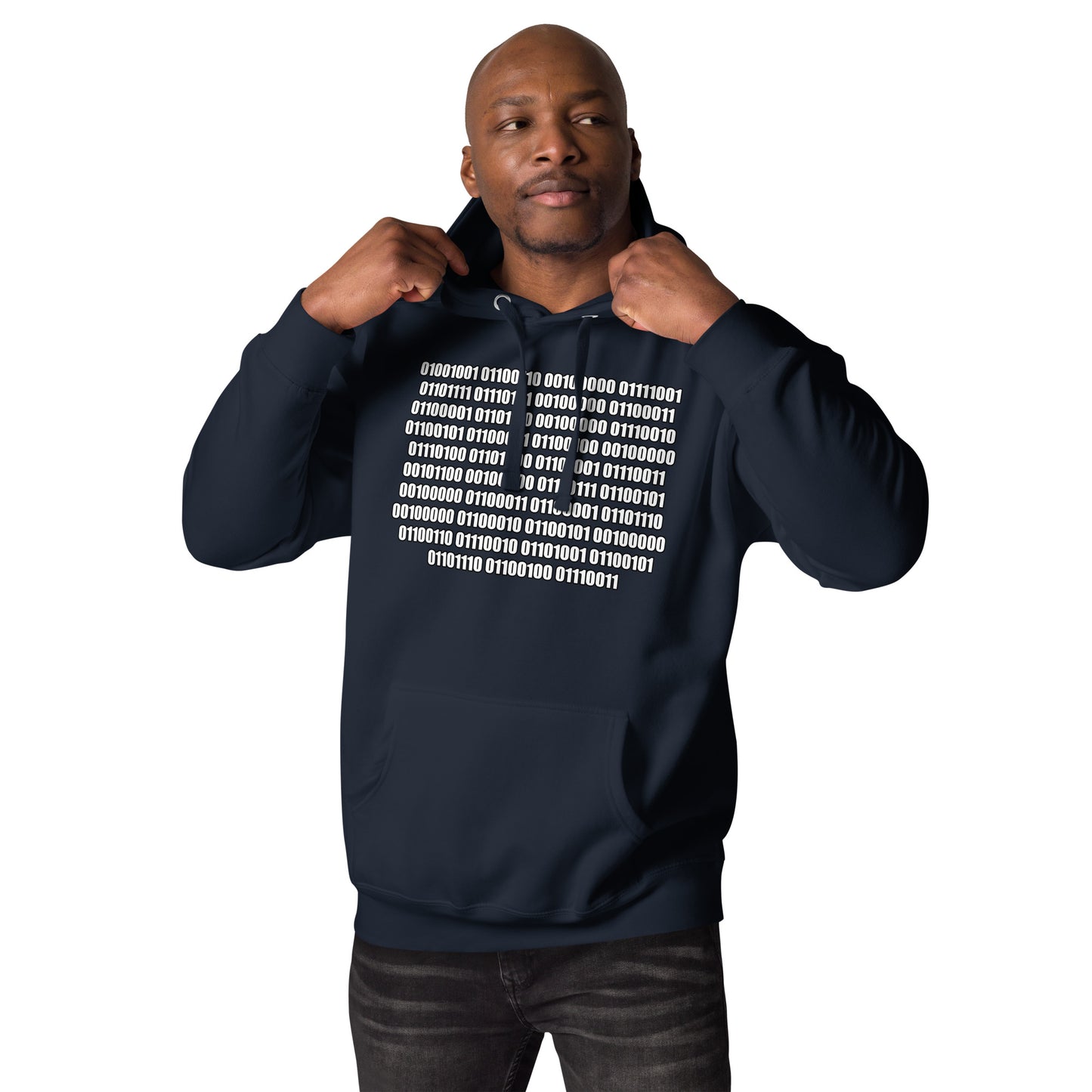 Men with navy hoodie with binaire text "If you can read this"