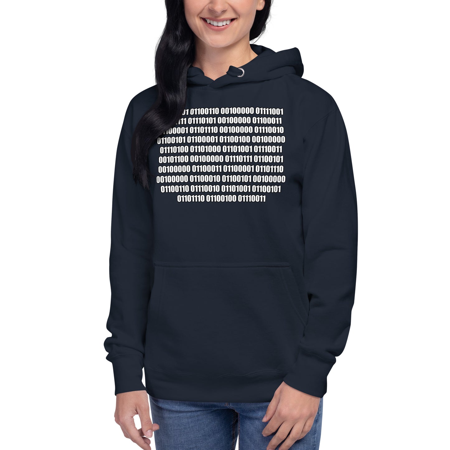 Women with navy hoodie with binaire text "If you can read this"