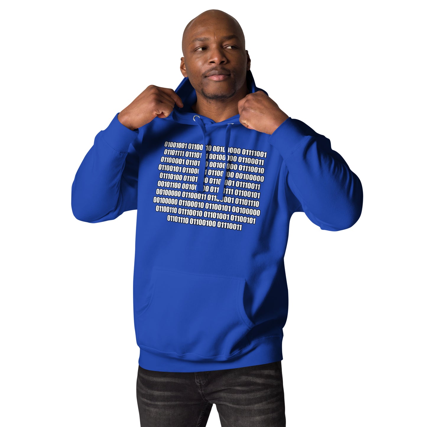 Men with royal blue hoodie with binaire text "If you can read this"