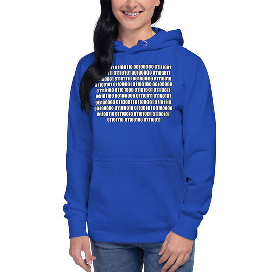 Women with royal blue hoodie with binaire text "If you can read this"