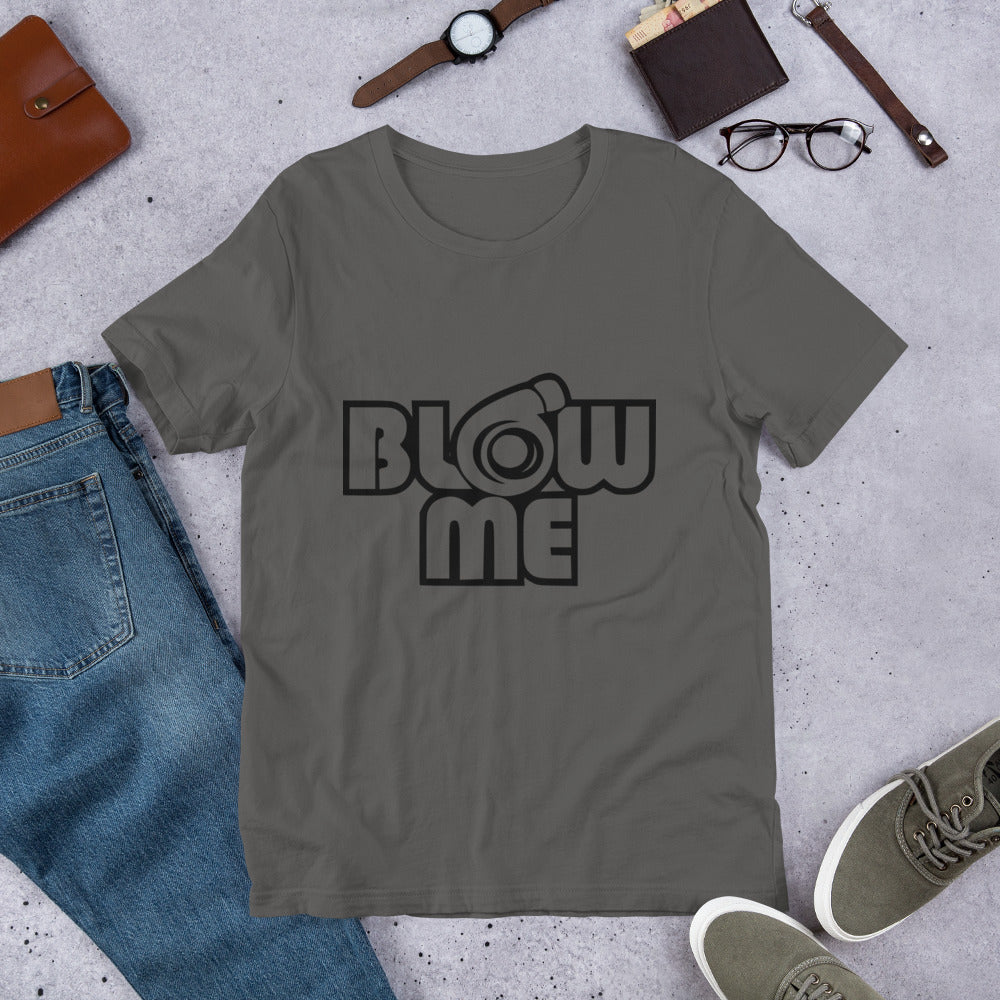 Asphalt grey T-shirt for men and women with the text Blow me, turbo compressor