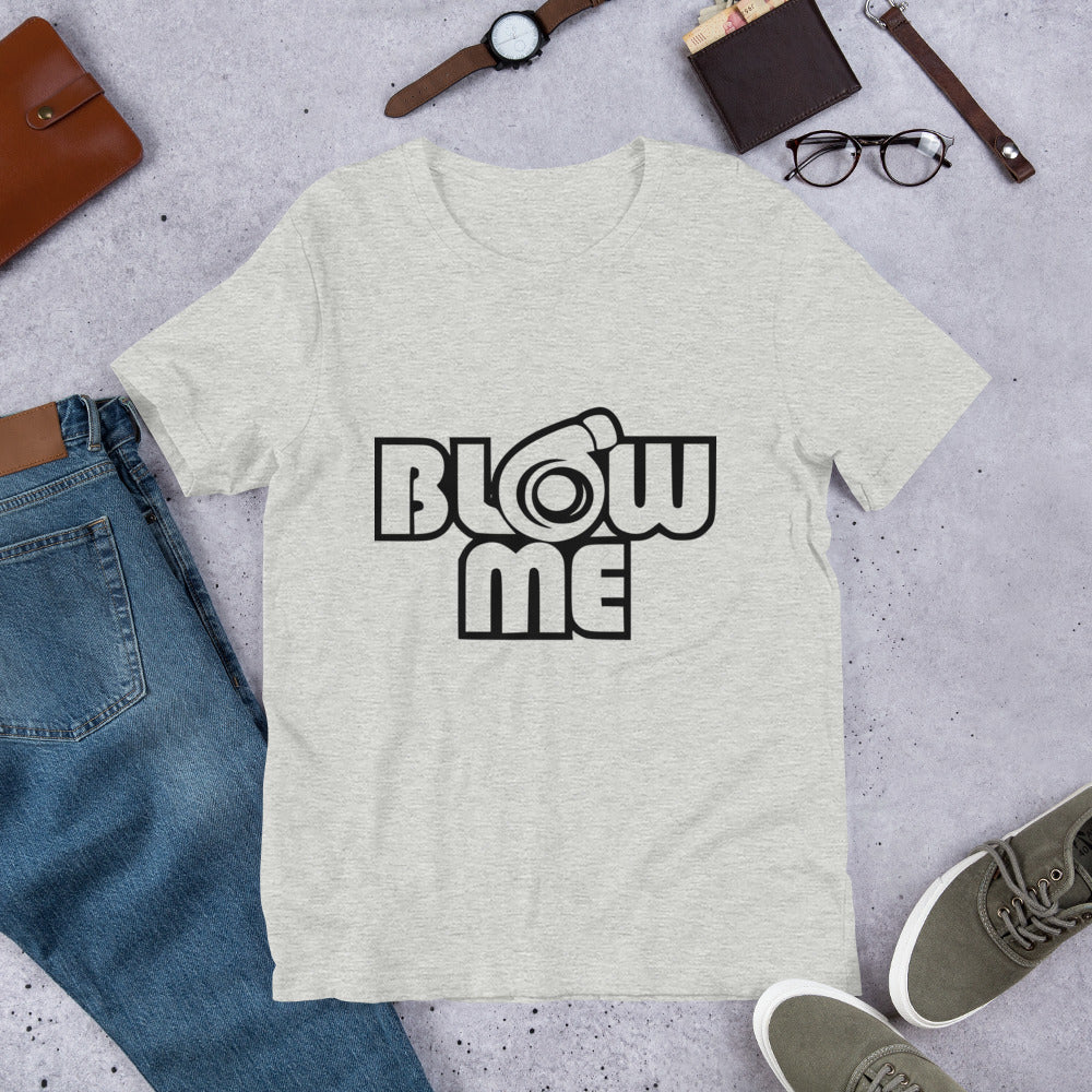 Athletic heather T-shirt for men and women with the text Blow me, turbo compressor