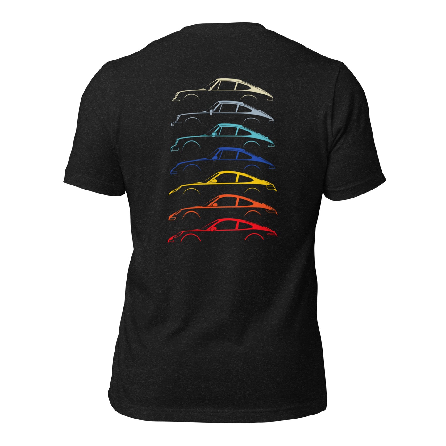 Black heather T-shirt with car silouttes on the back