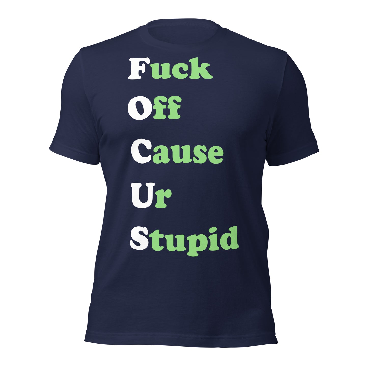 Blue T-shirt with on front of it "Fuck Off Cause Ur Stupid"