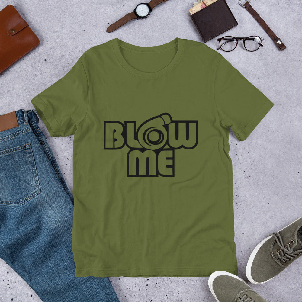 Olive T-shirt for men and women with the text Blow me, turbo compressor