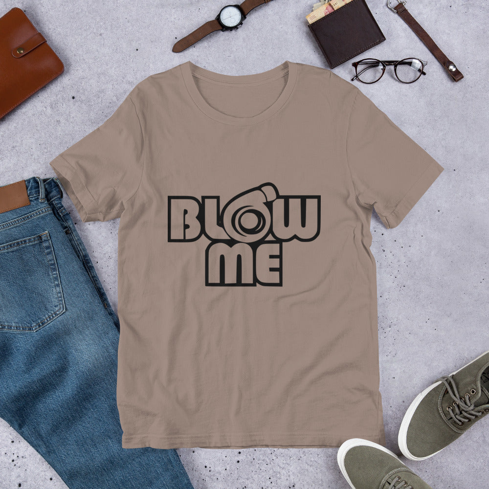 Pebble T-shirt for men and women with the text Blow me, turbo compressor