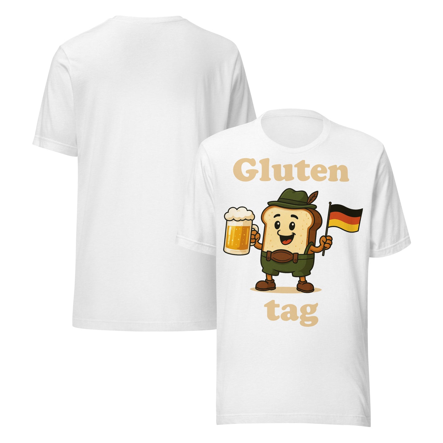 White T-shirt with a toast with lederhosen and a glass of bier and a german flagg