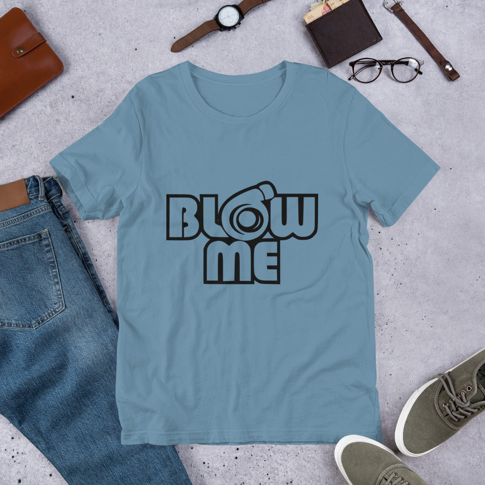 Steel blue T-shirt for men and women with the text Blow me, turbo compressor
