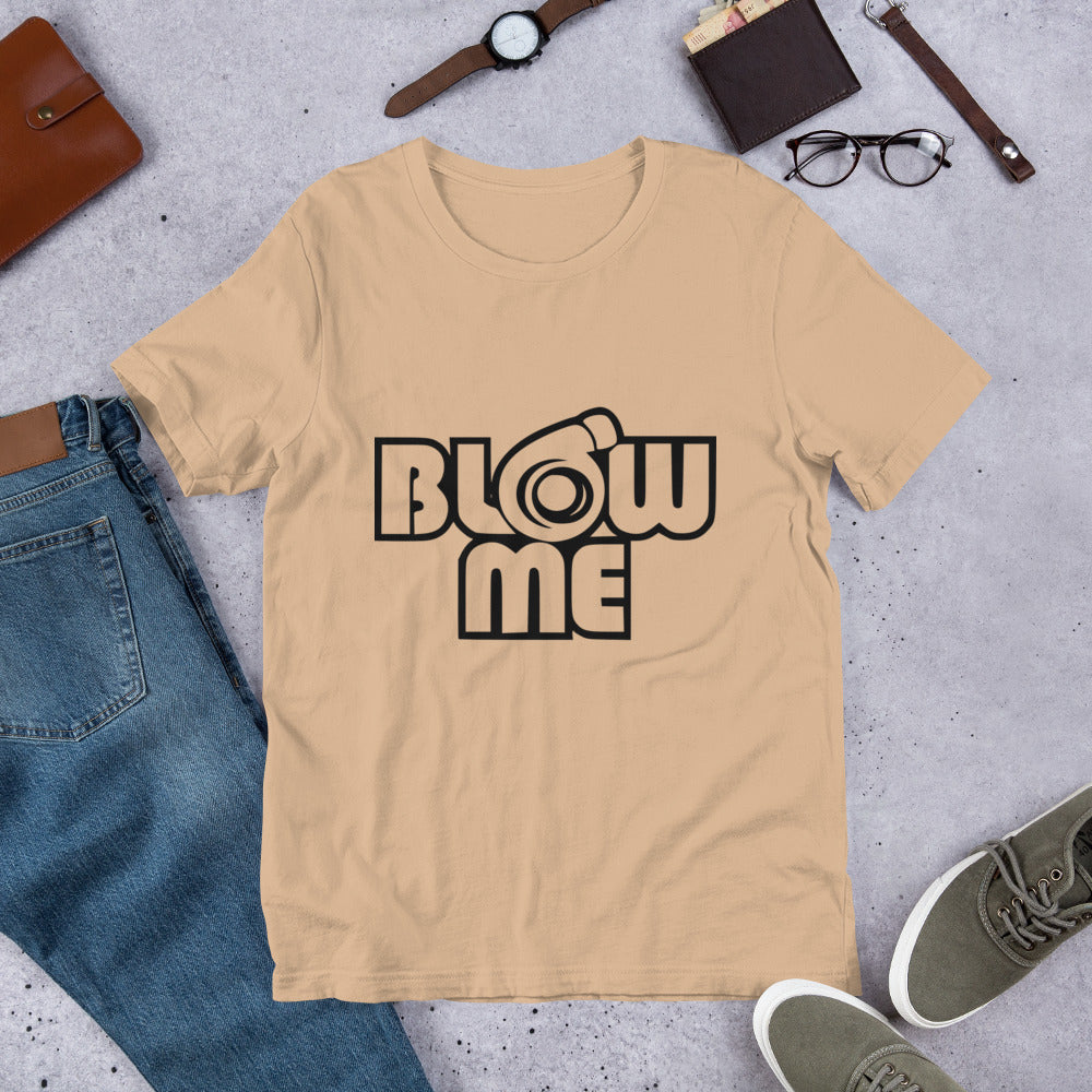 Tan T-shirt for men and women with the text Blow me, turbo compressor