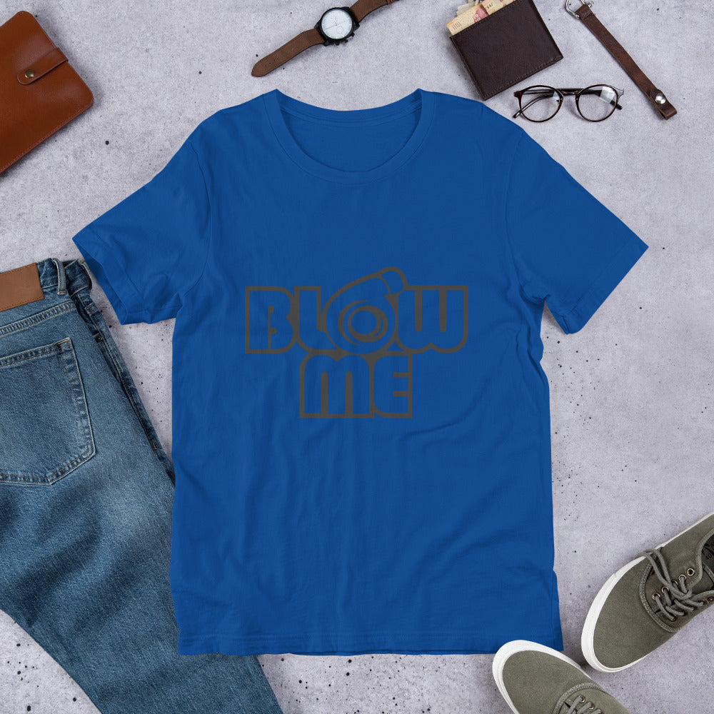 Royal blue T-shirt for men and women with the text Blow me, turbo compressor