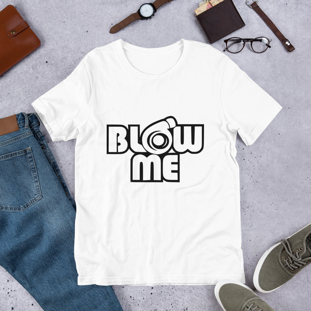 White T-shirt for men and women with the text Blow me, turbo compressor
