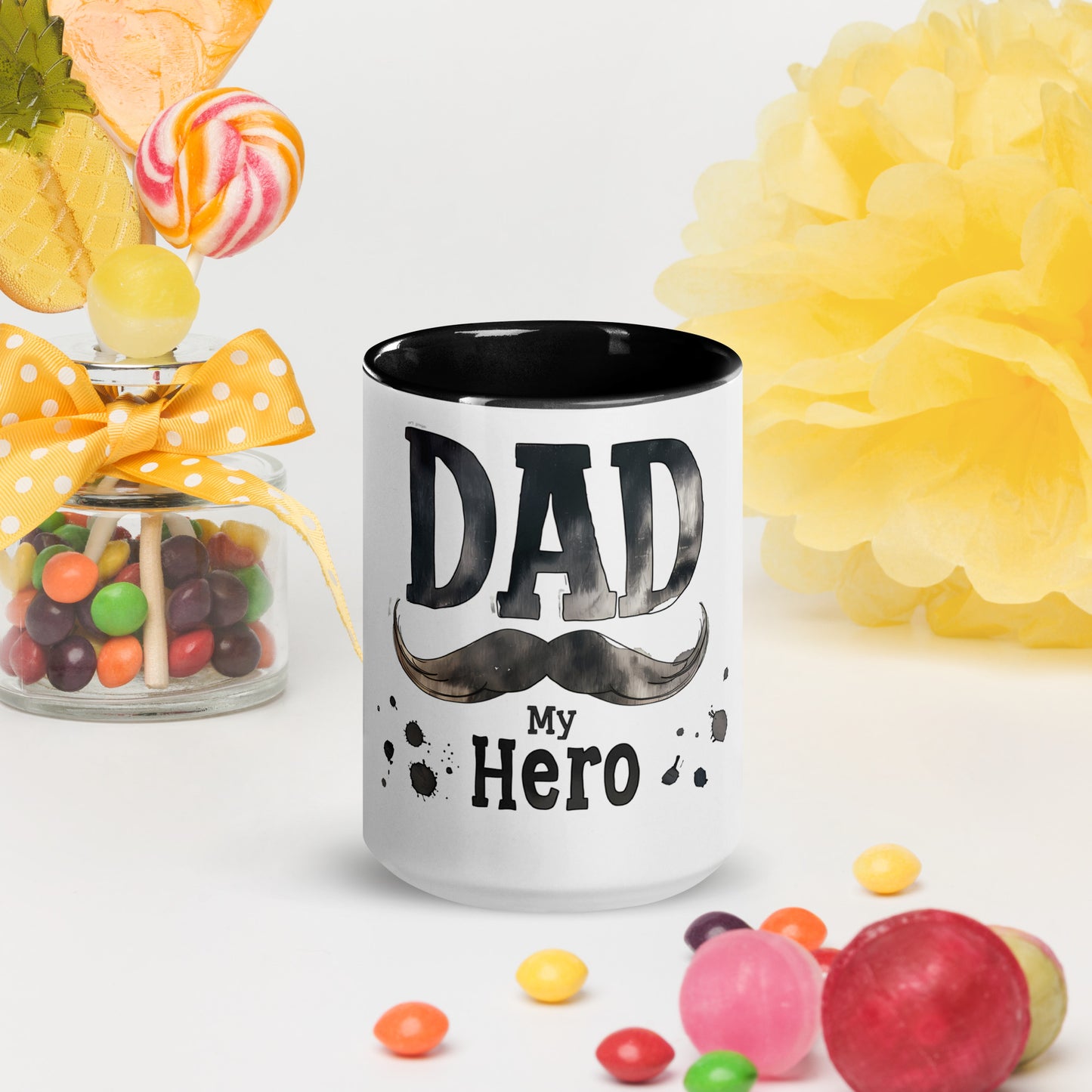 white ceramic mug with text "Dad my Hero"