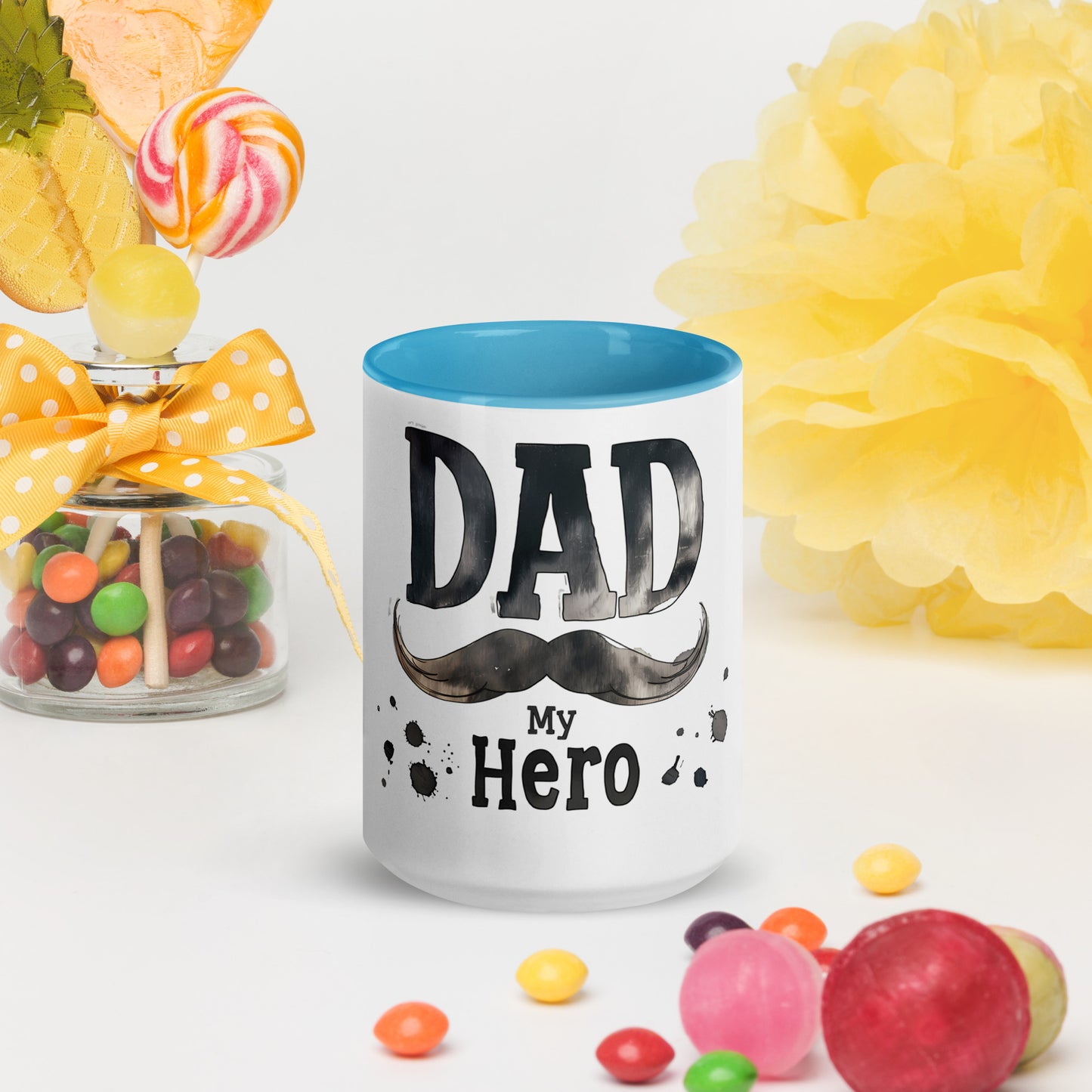 white ceramic mug with text "Dad my Hero"