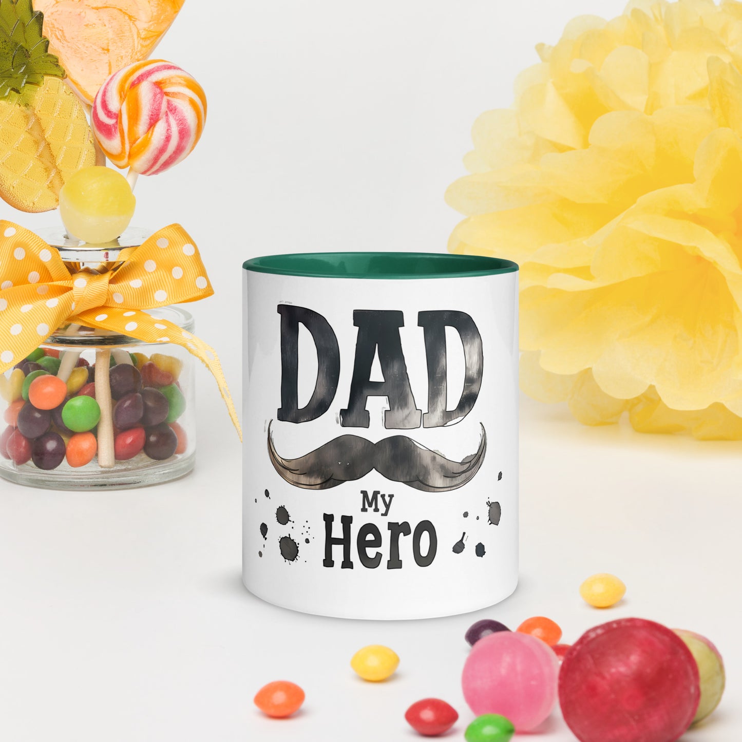 white ceramic mug with text "Dad my Hero"