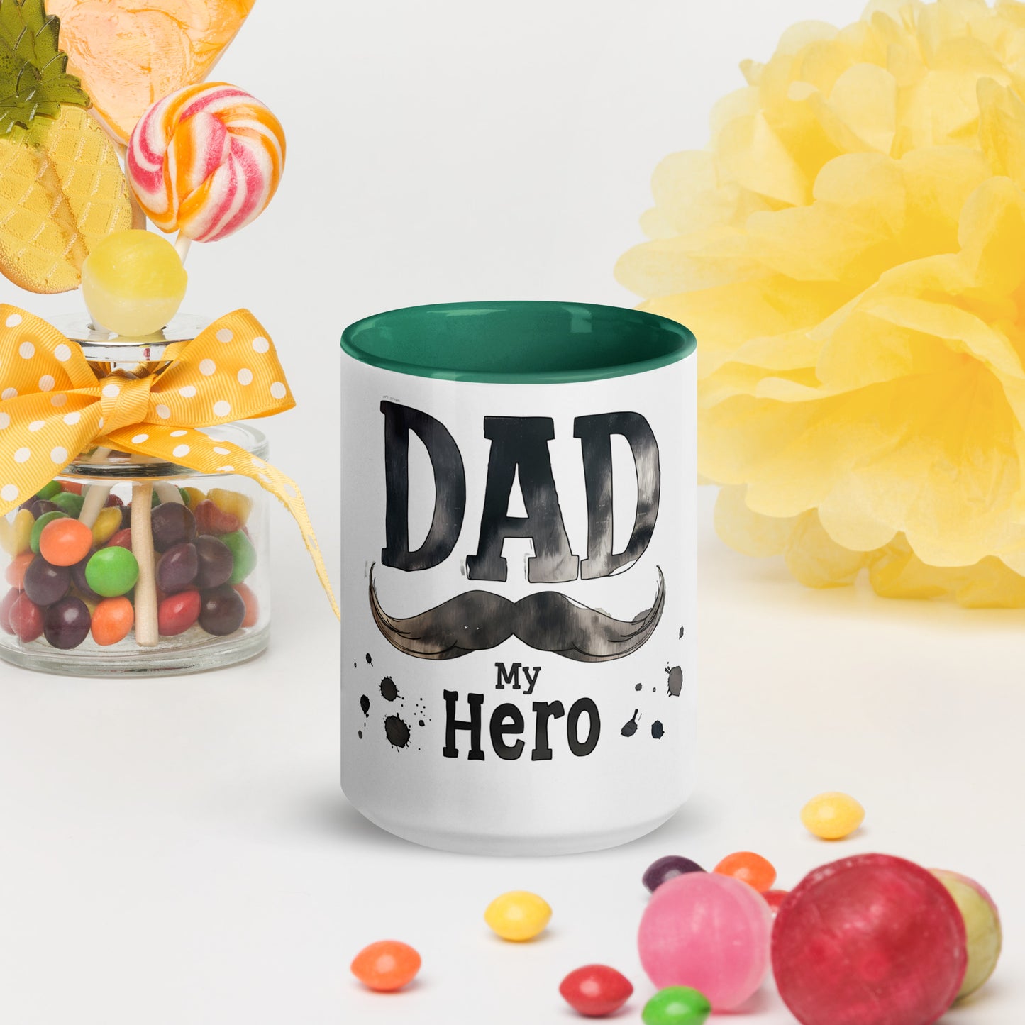 white ceramic mug with text "Dad my Hero"