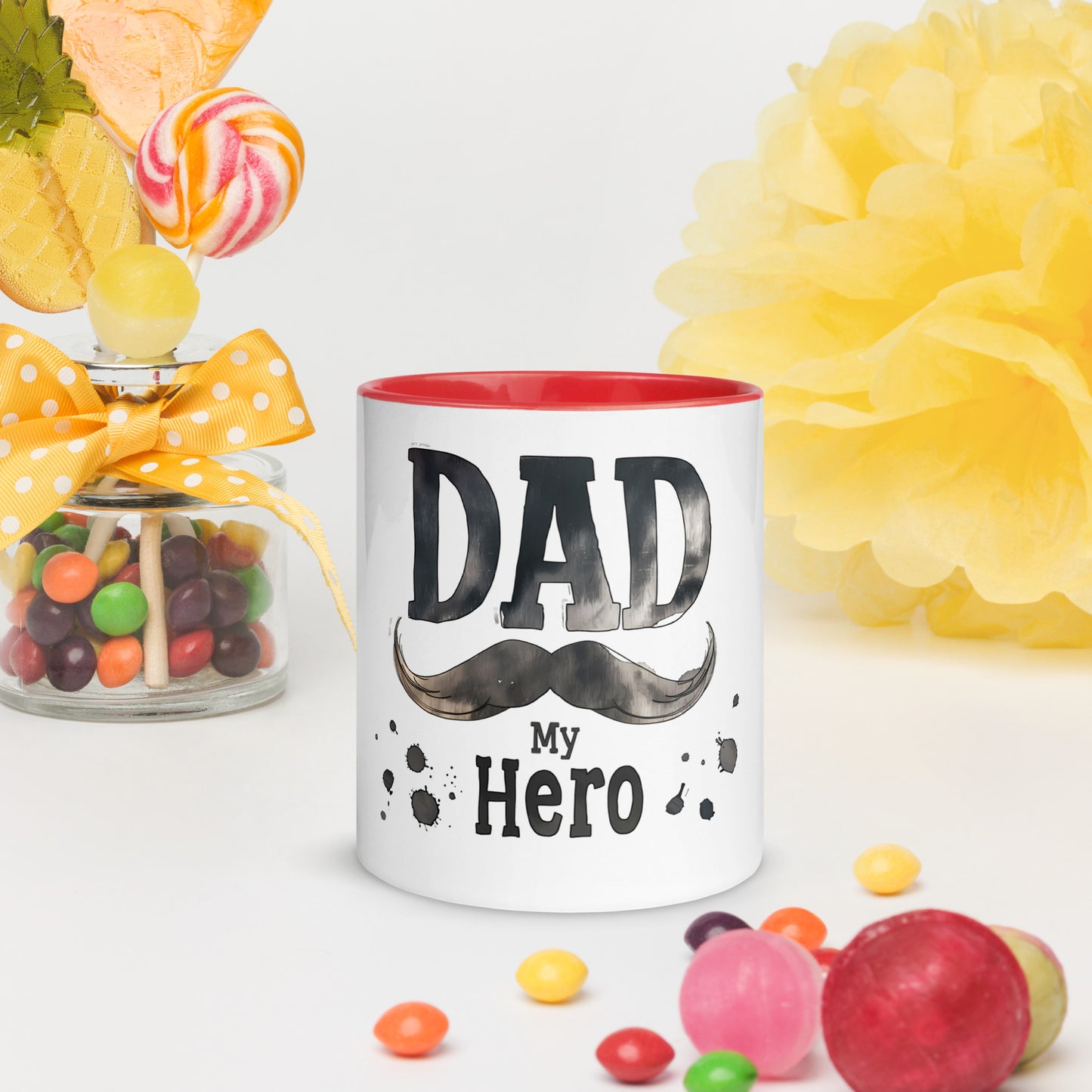 white ceramic mug with text "Dad my Hero"