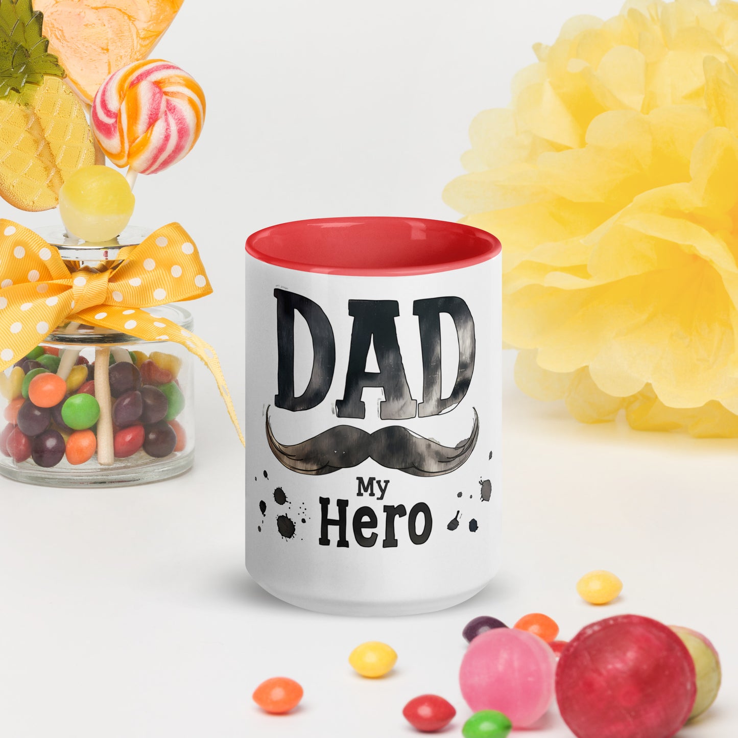 white ceramic mug with text "Dad my Hero"