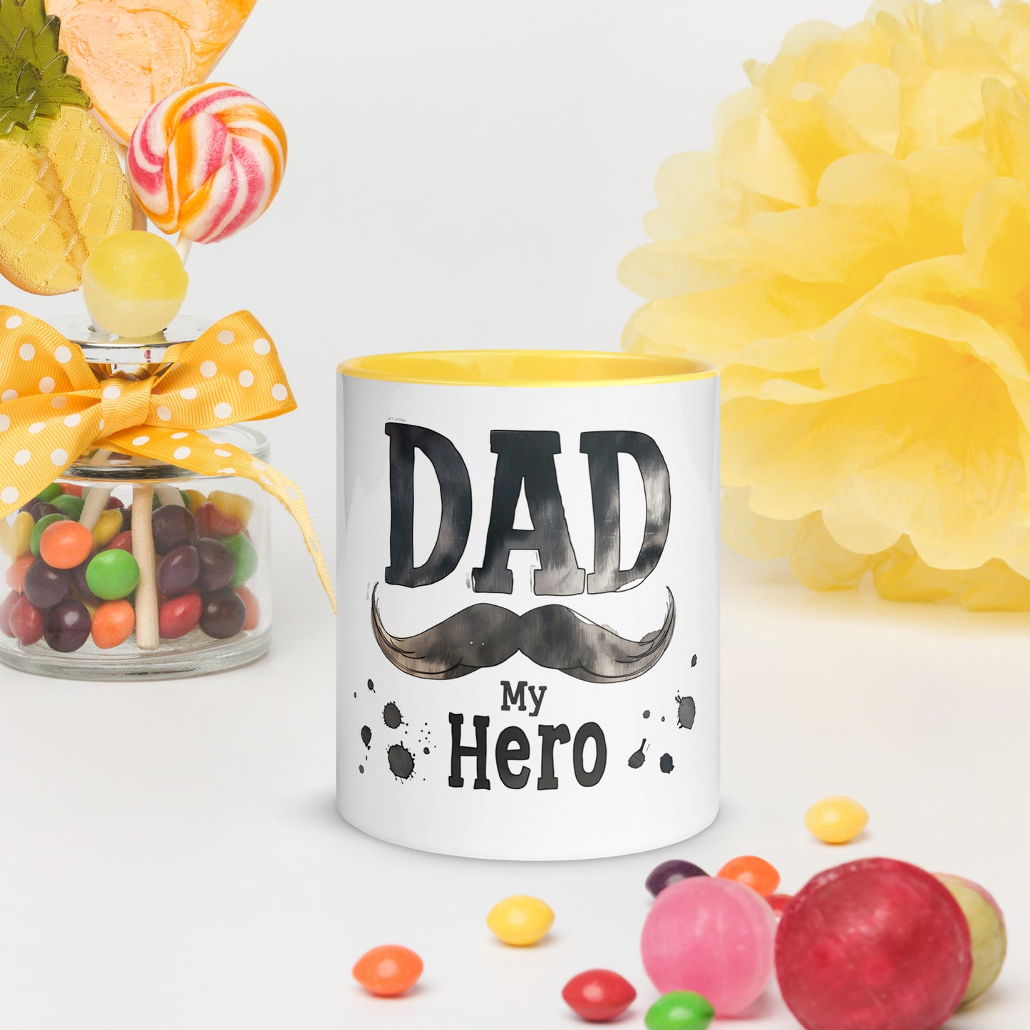 white ceramic mug with text "Dad my Hero"
