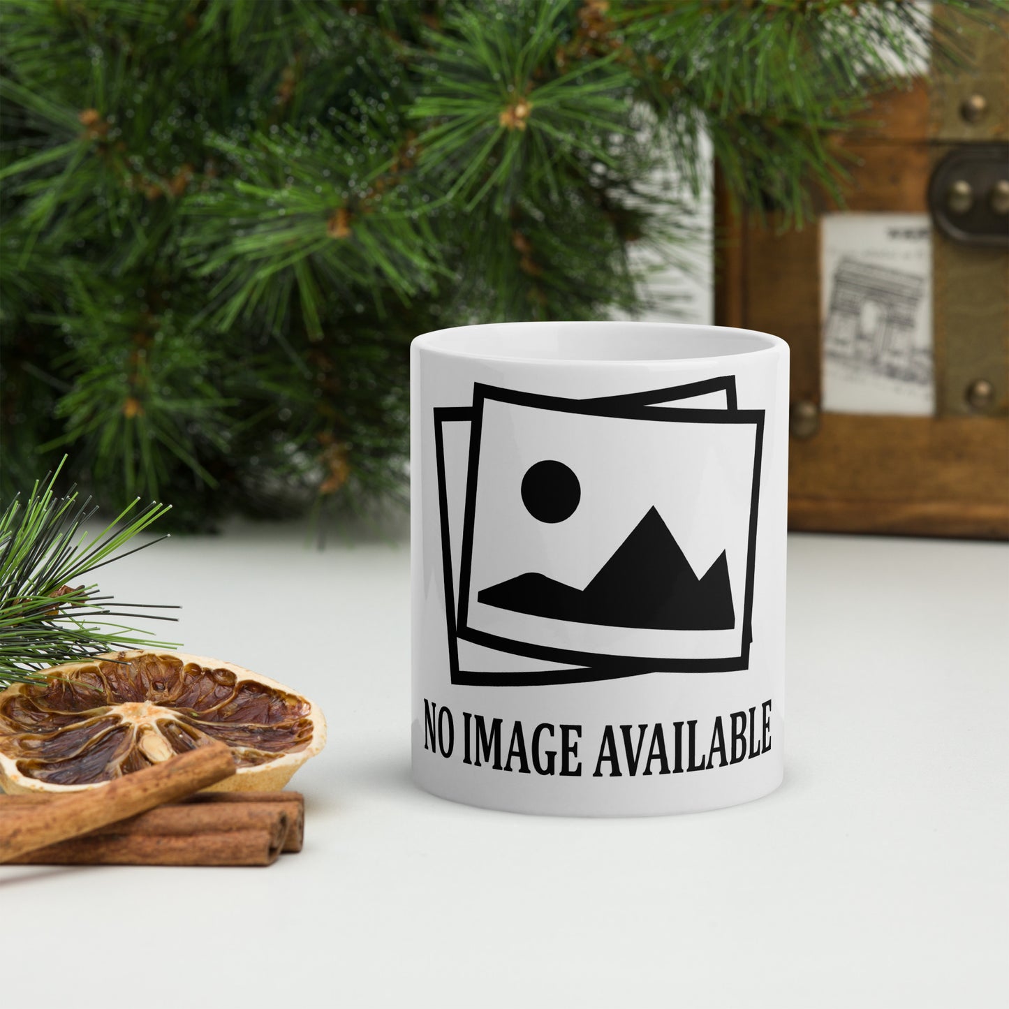 white mug with print and text "no image available"