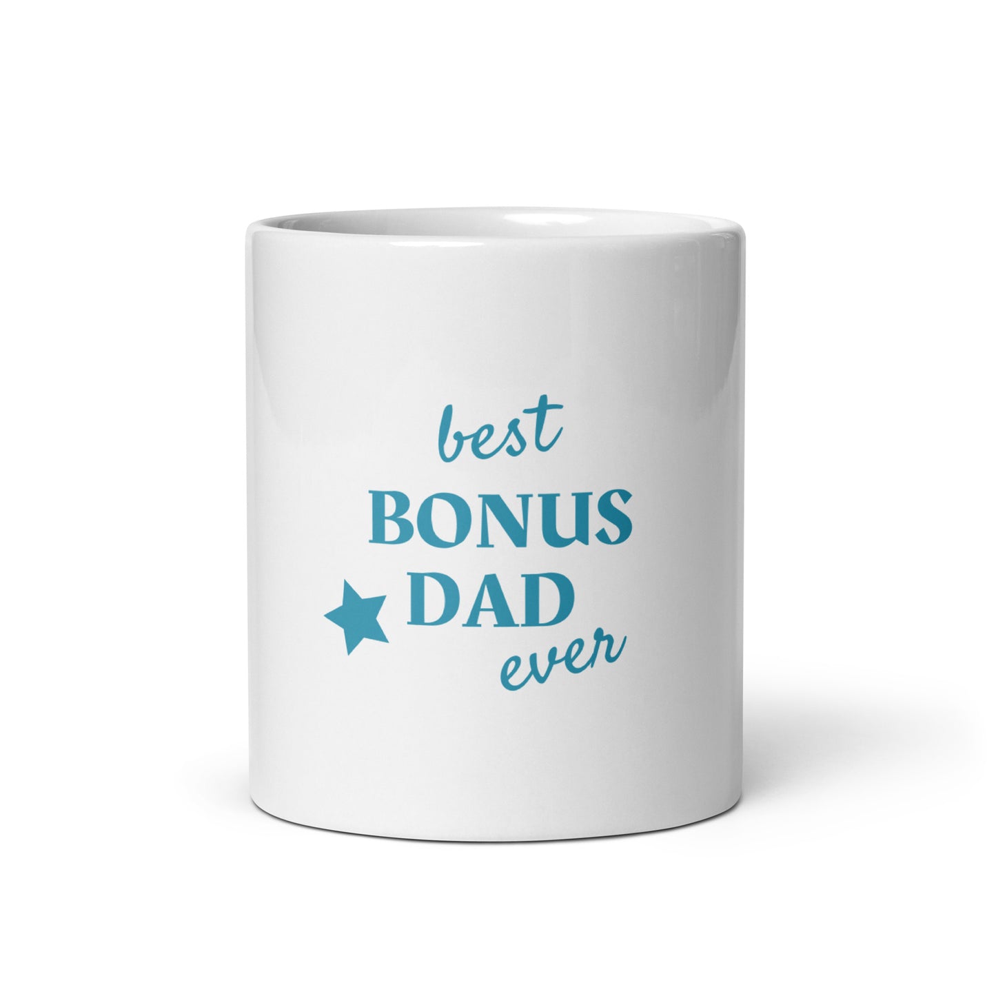 White glossy mug with text "best BONUS DAD ever"