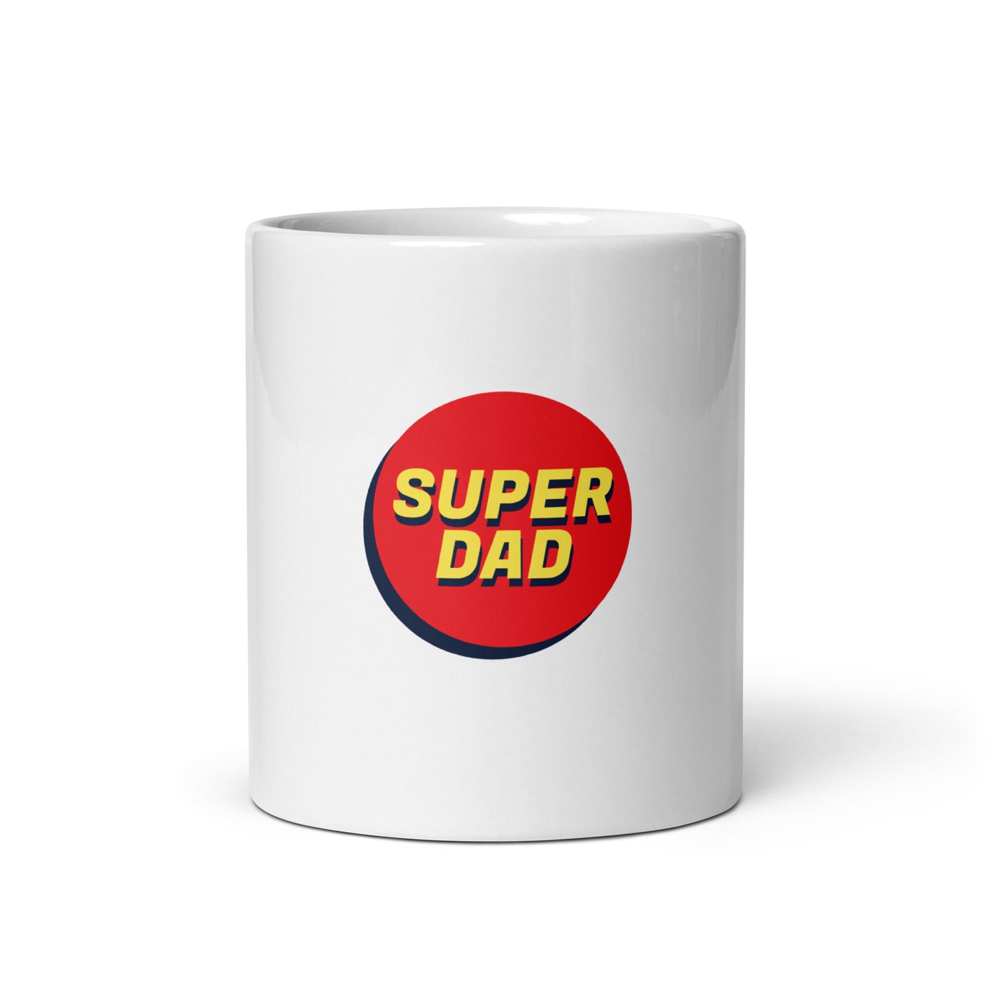 White glossy mug with text "SUPER DAD"